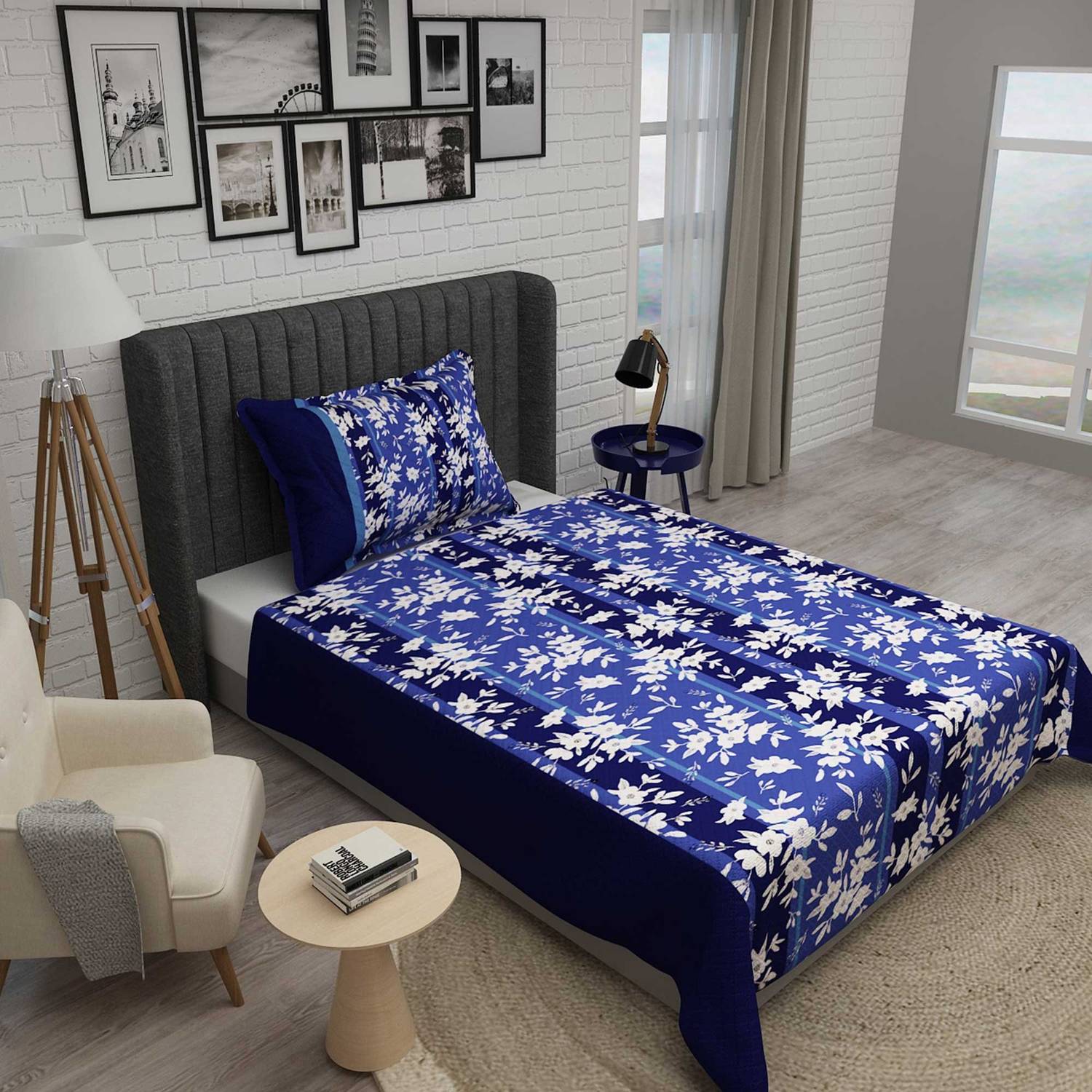 MonoHome Tek Kişilik Pike Takımı Jakar Dokuma Pamuklu 3D Blue Stripe