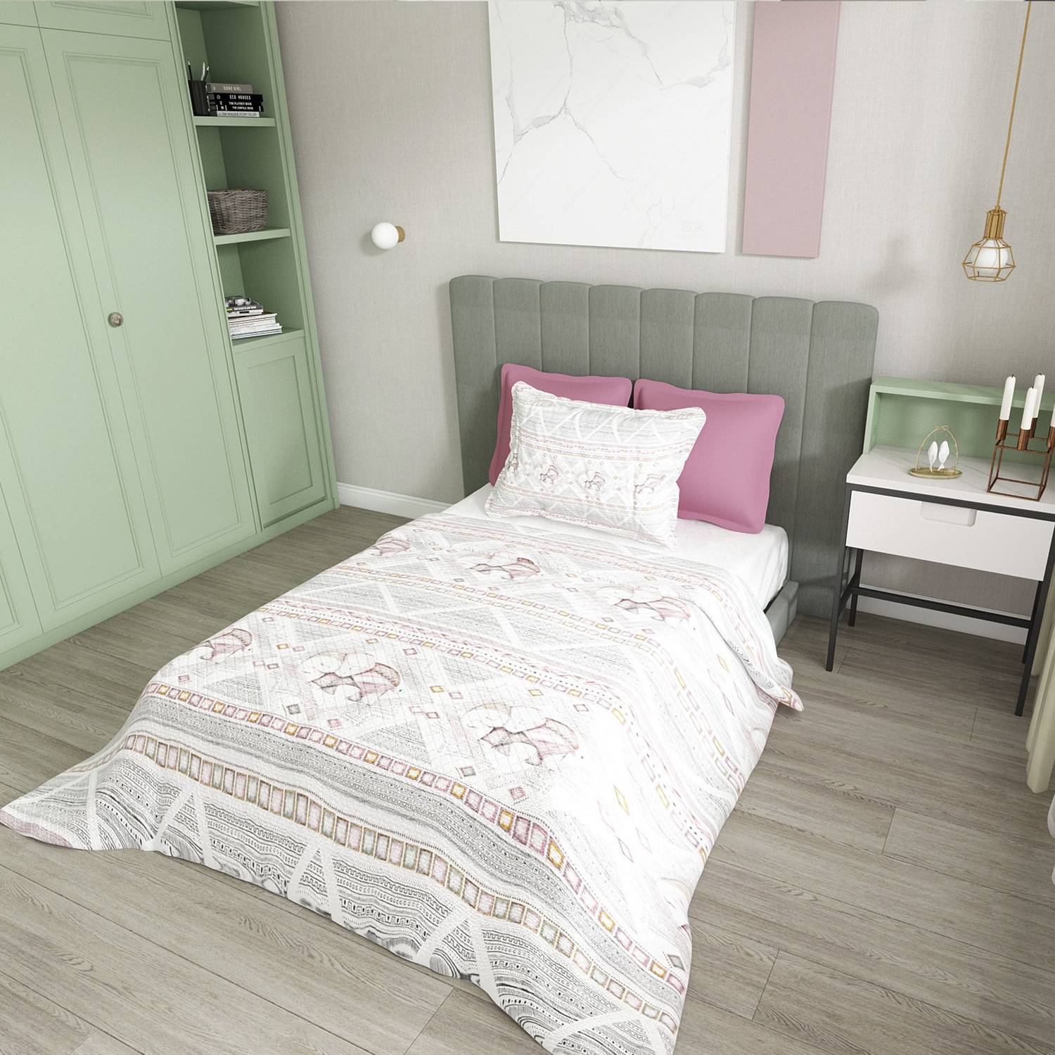 MonoHome Single Pique Set Jacquard Woven Cotton 3D Pink Vintage Elephant