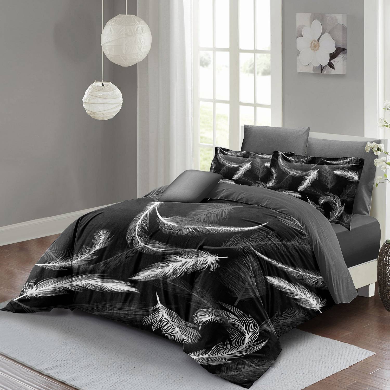 طقم غطاء لحاف MonoHome مزدوج 3D قطن ساتان داكن ريش