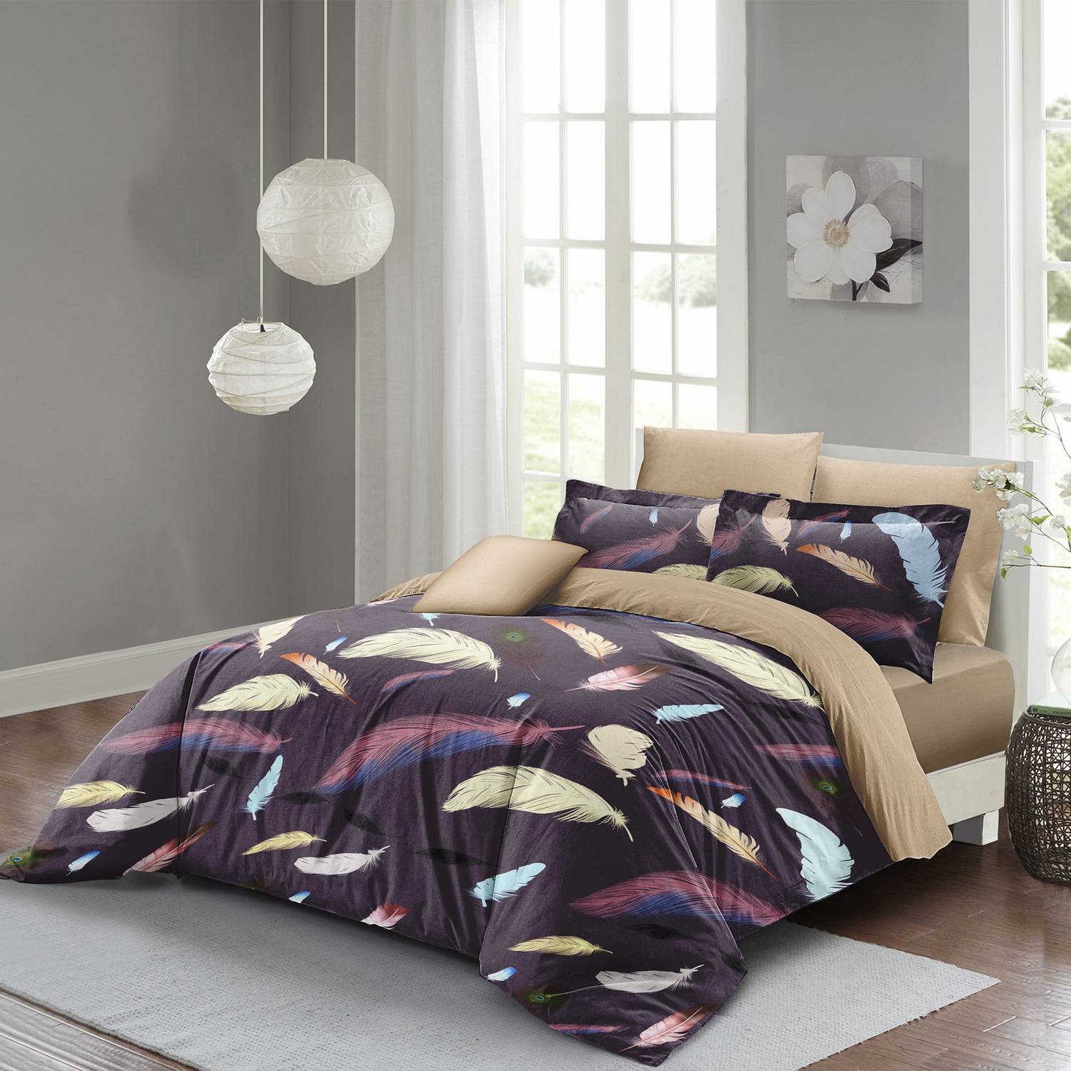 MonoHome Duvet Cover Set Double 3D Cotton Satin Colorful Feather
