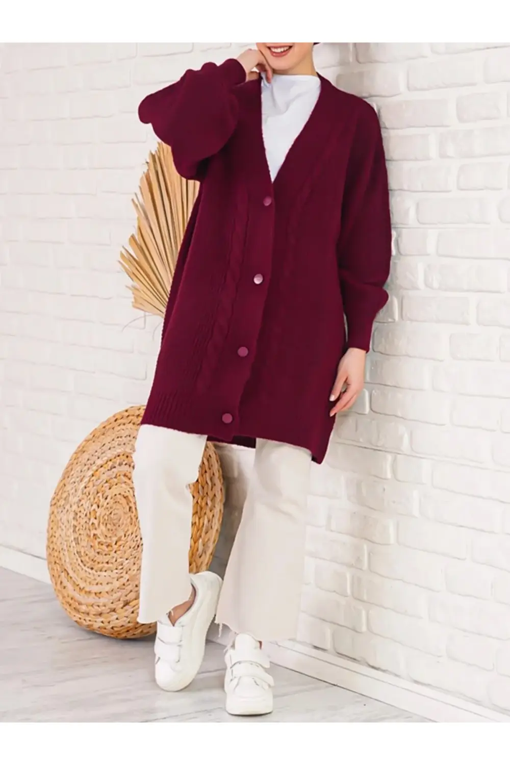 Women's Burgundy Hair Knitted Pattern Long Buttoned Casual Cut Knitwear Cardigan HZL23W-BD1100691