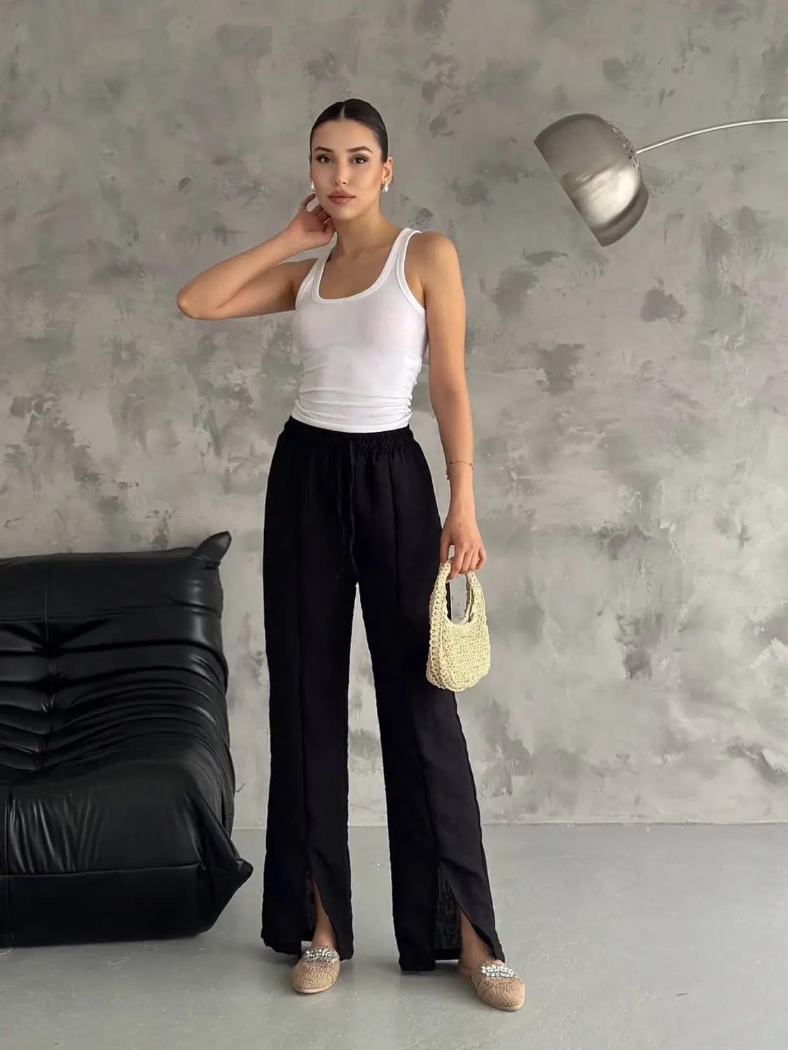 Женские черные штаны с резинкой на талии и разрезами, без карманов, импортные льняные, не подкладка, размеры 34-42