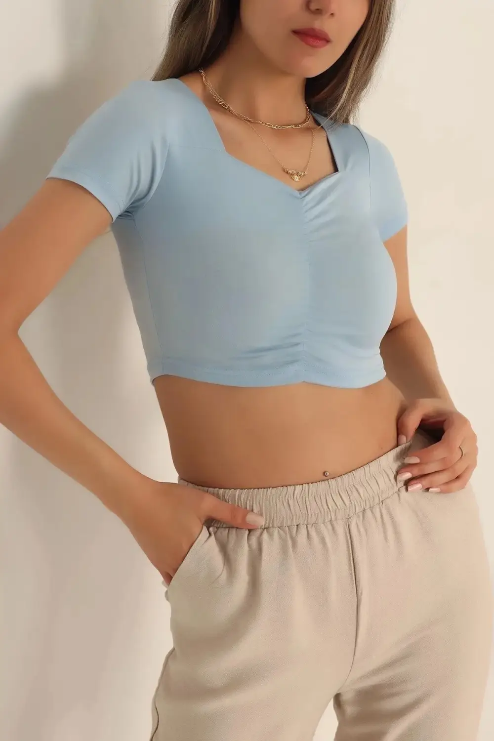 Women's Ice Blue Square Neck Front Gathered Crop Blouse HZL23S-SND120151