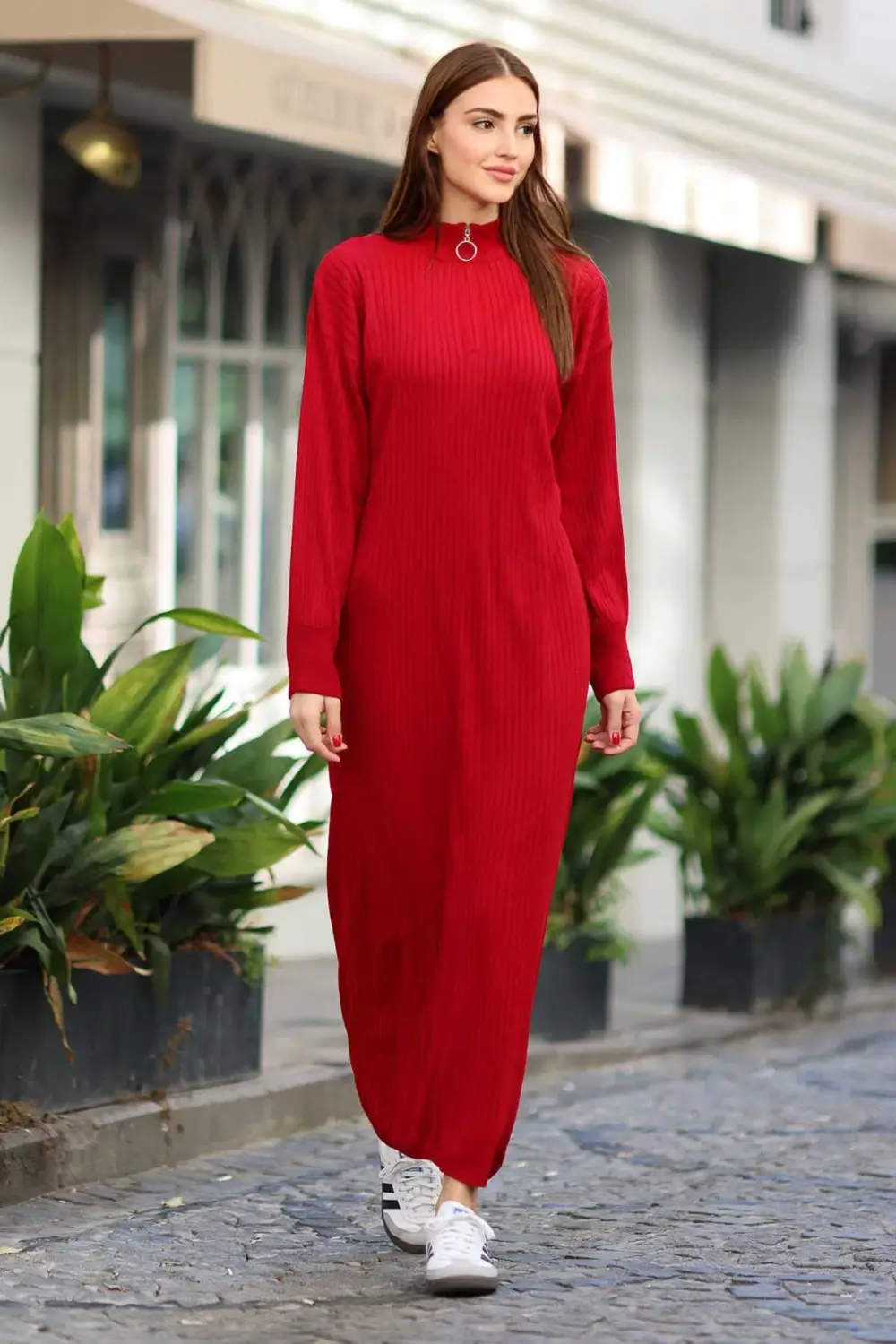 Women's Red Zipper Collar Ribbed Knitwear Dress HZL24W-BD1102271
