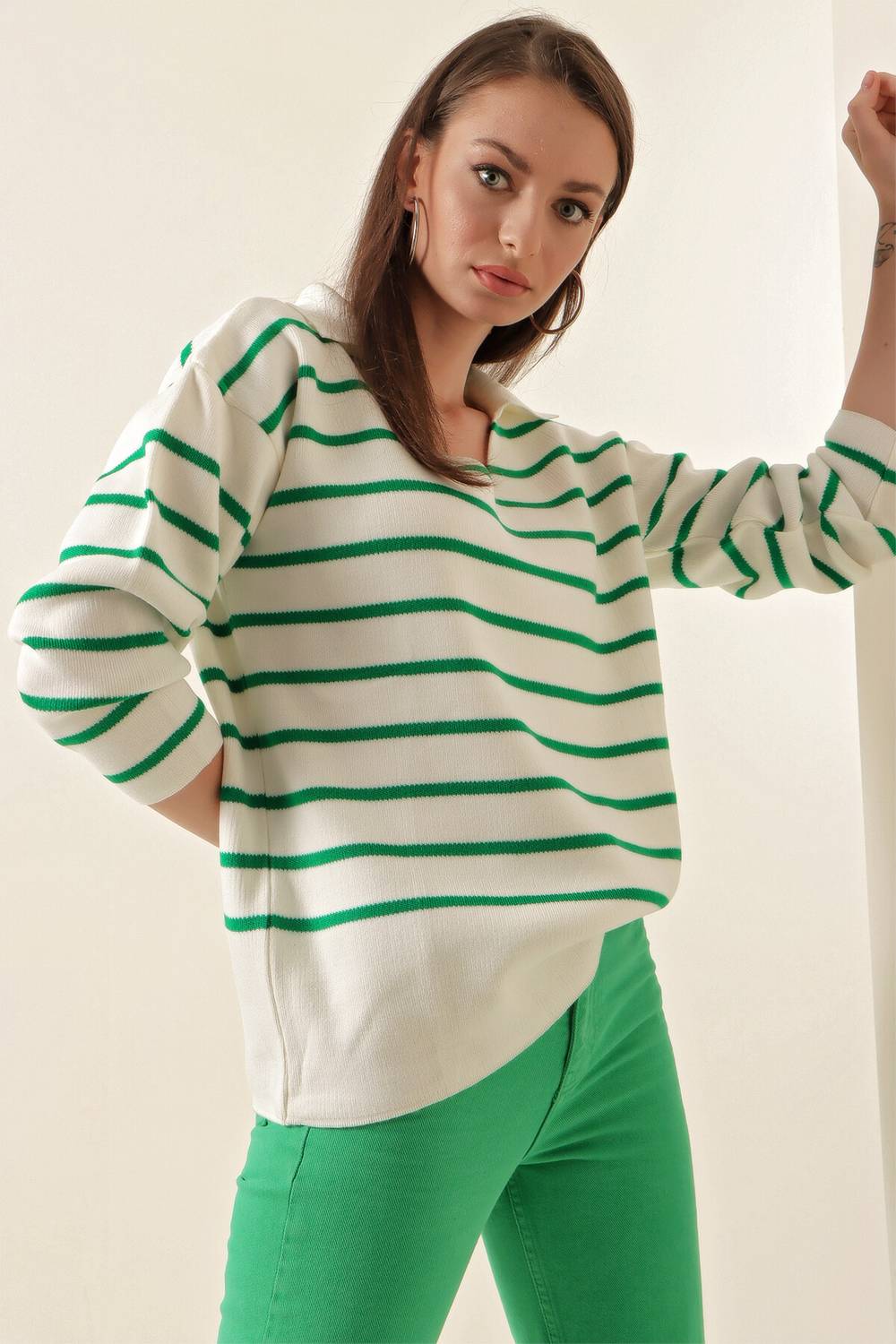 Women's White Green Striped Polo Neck Crop Knitwear Sweater HZL23W-BD1100841