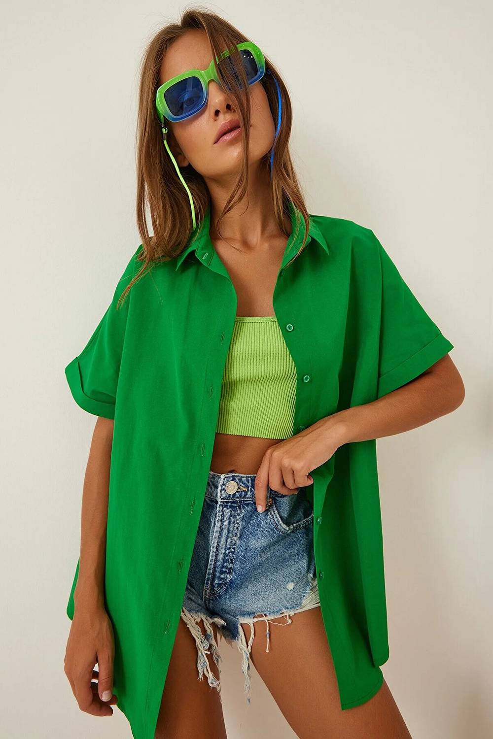 Women's Dark Green Oversize Long Short Sleeve Basic Poplin Shirt HZL22S-BD1201201