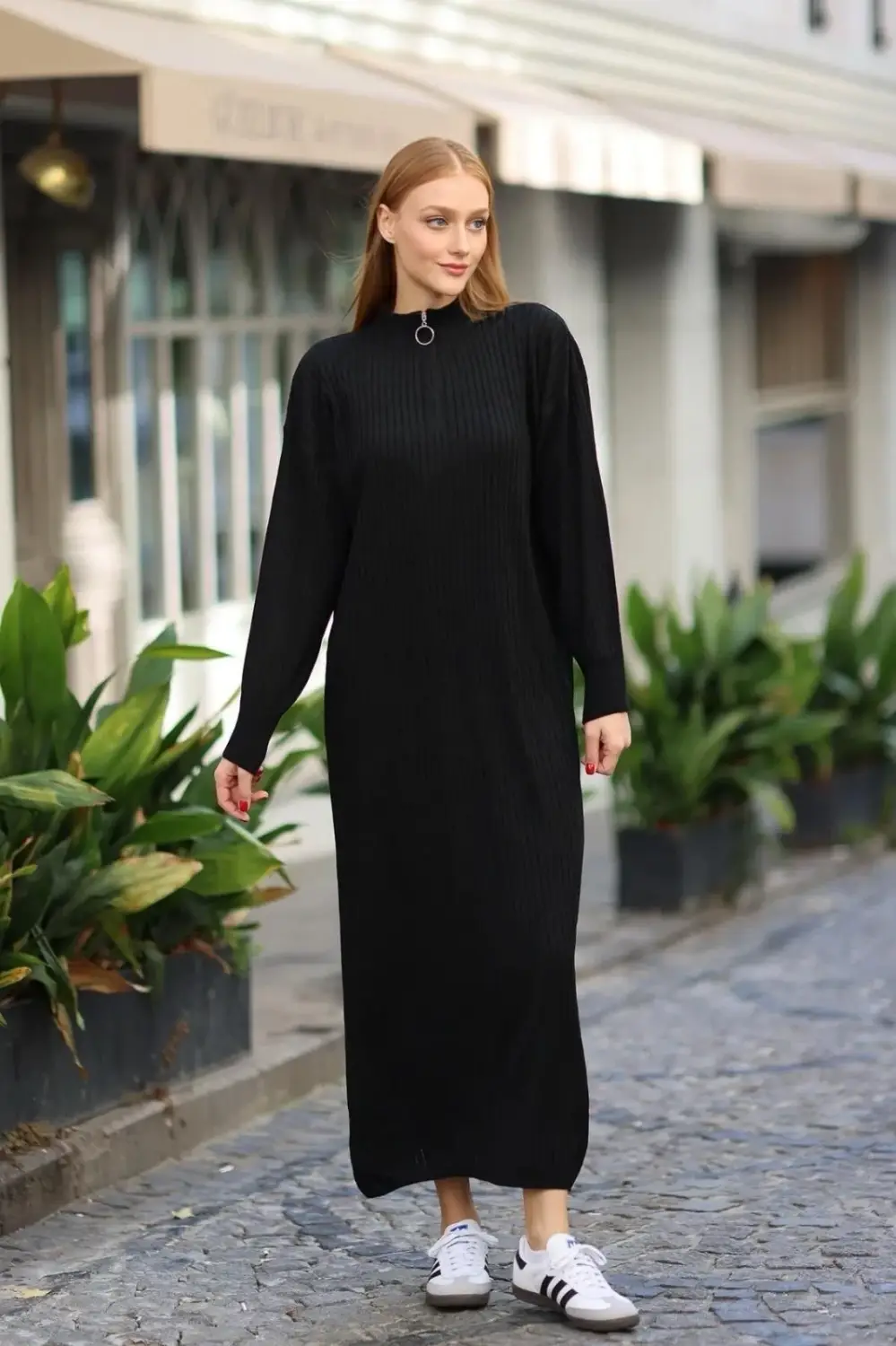 Women's Black Zipper Collar Ribbed Knitwear Dress HZL24W-BD1102271