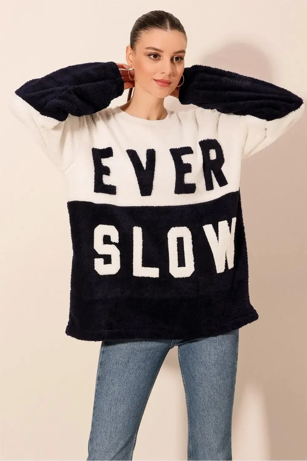 Women's Navy Blue White Block EVER SLOW Printed Comfortable Plush Sweatshirt HZL23W-BD1554781