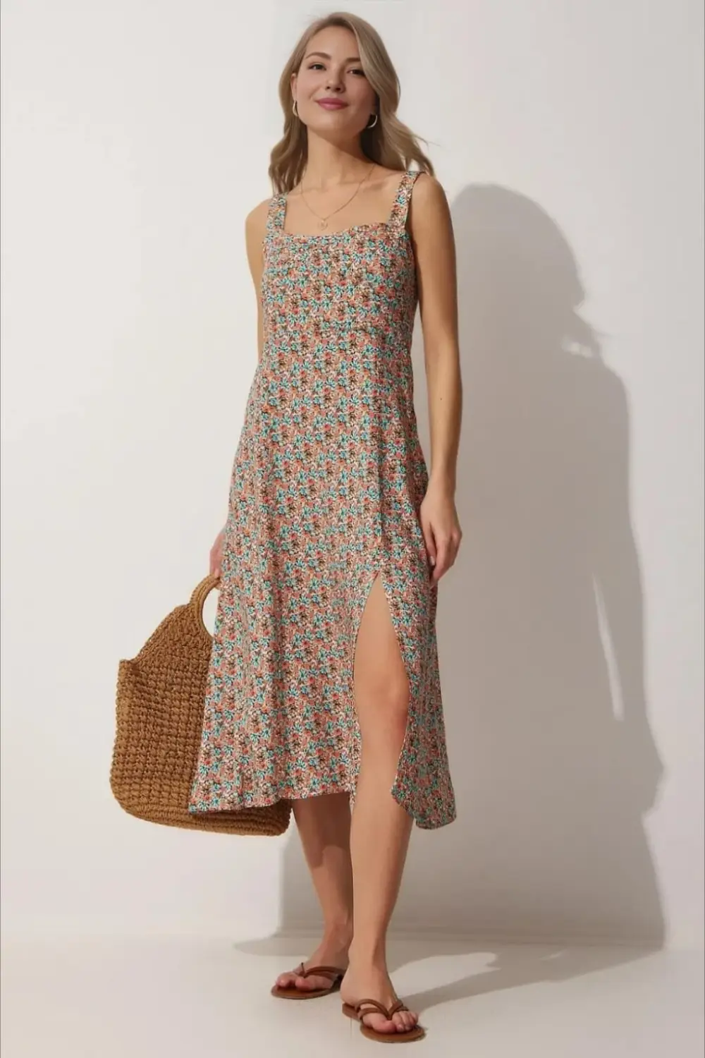 Multicolored Square Neck Floral Summer Viscose Dress for Women, 100% Viscose, Various Sizes Available