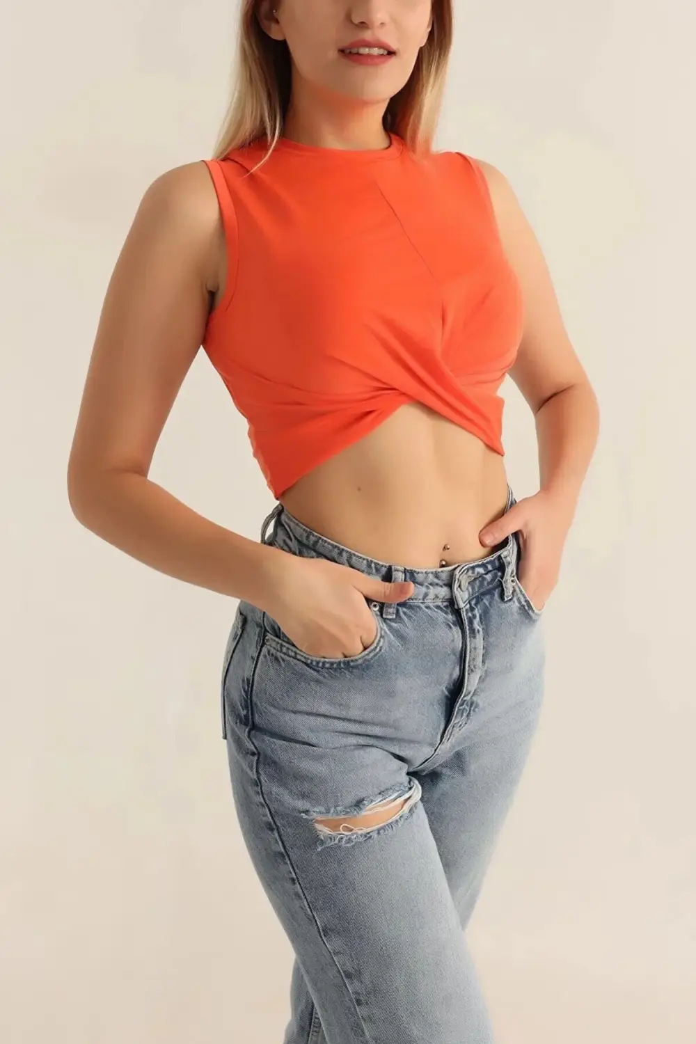 Women's Orange Knotted Front Crew Neck Zero Sleeve Lycra Crop Blouse HZL23S-SND120181