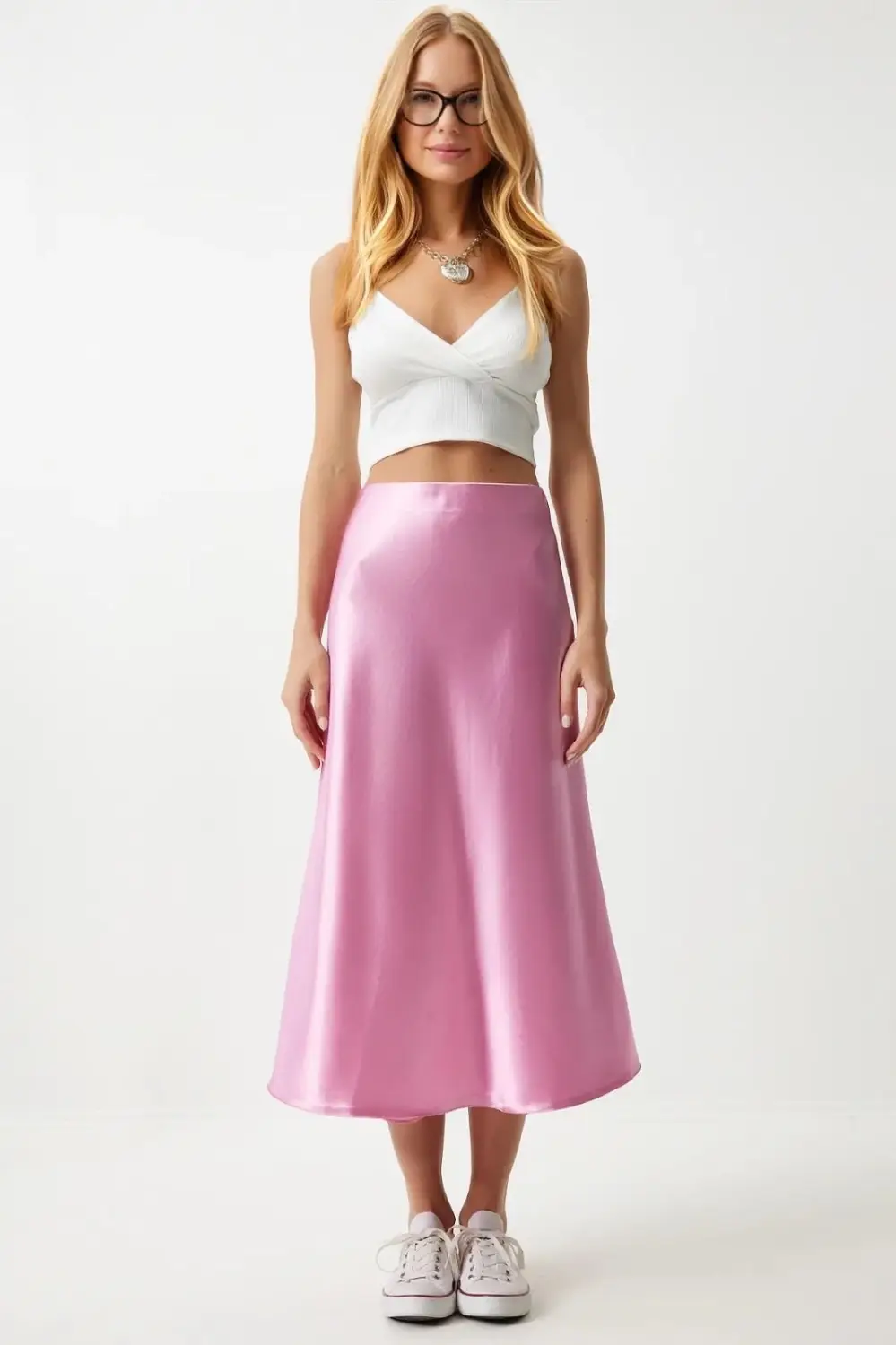 Женская розовая атласная юбка-midi с эластичным поясом, 100% полиэстер, без подкладки, с узором, размеры 34-42