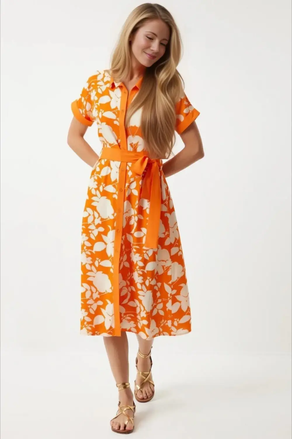 Women's Orange Cream Belted Floral Patterned Button-Up Summer Viscose Dress
