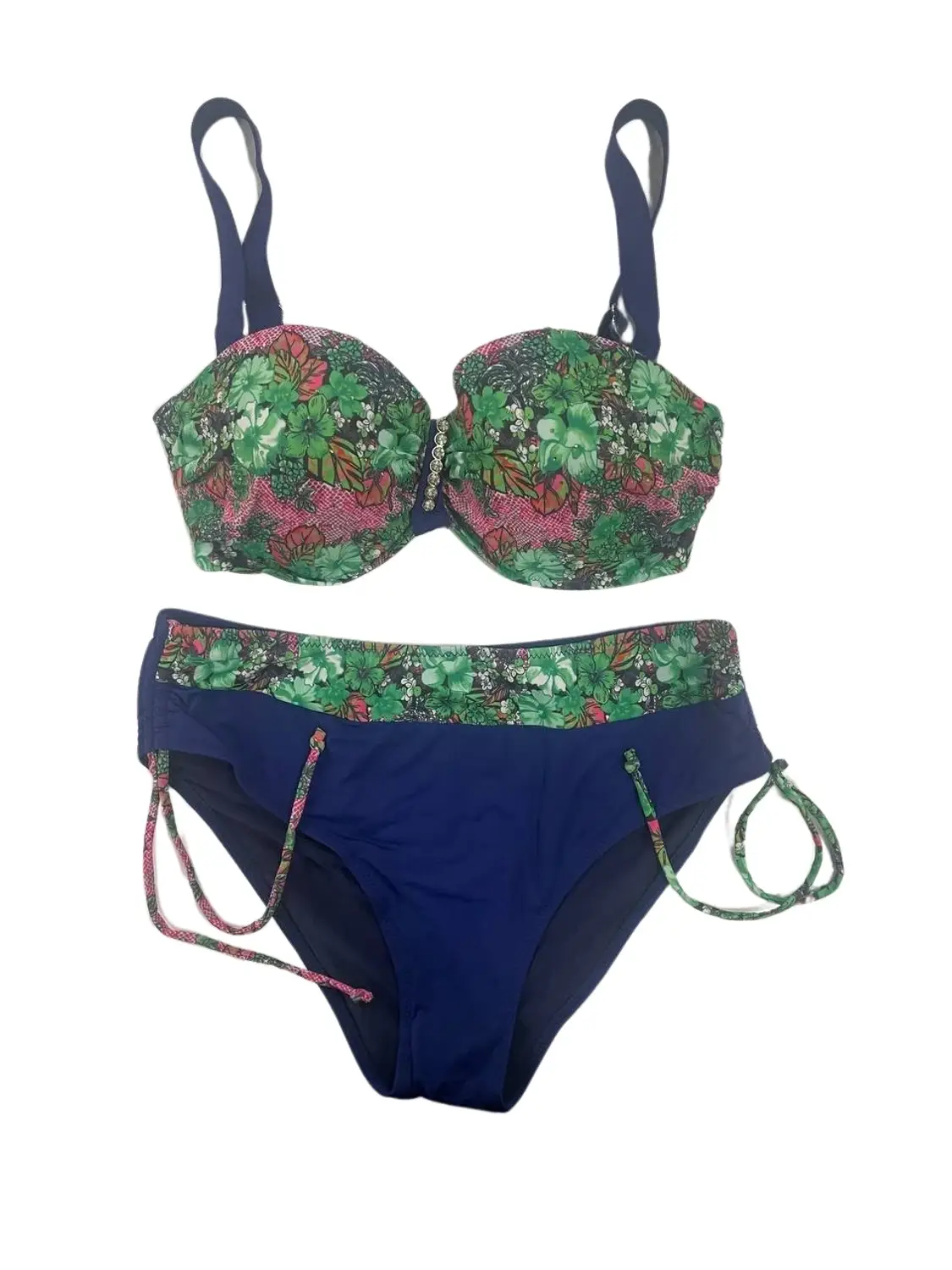 Женский комплект бикини с цветочным принтом, тёмно-синий, большой размер, лайкра, съёмные бретели, подкладка, поддержка груди, регулируемая посадка