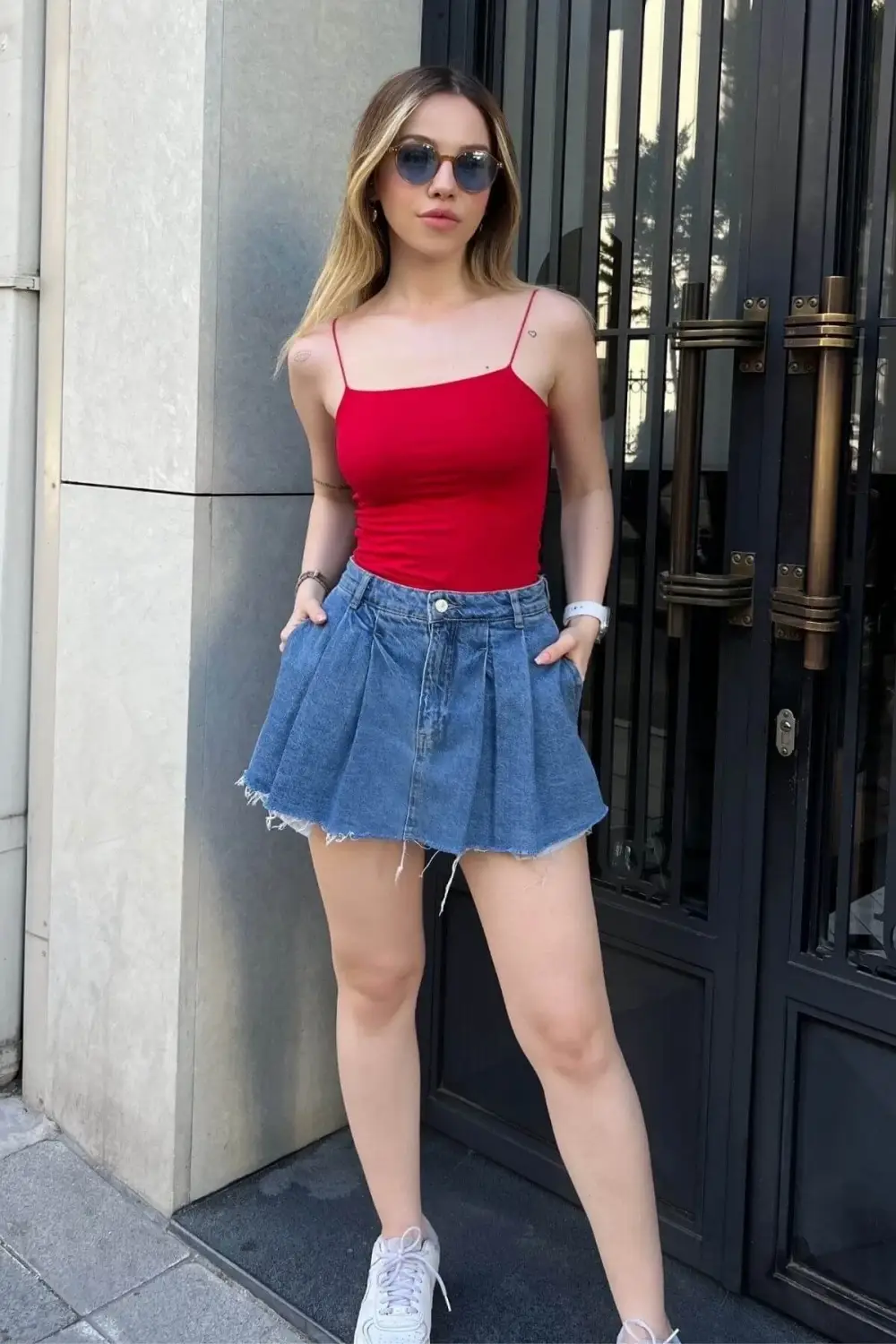 Kadın Kırmızı İp Askılı Örme Body Bluz HZL24S-ZK11001