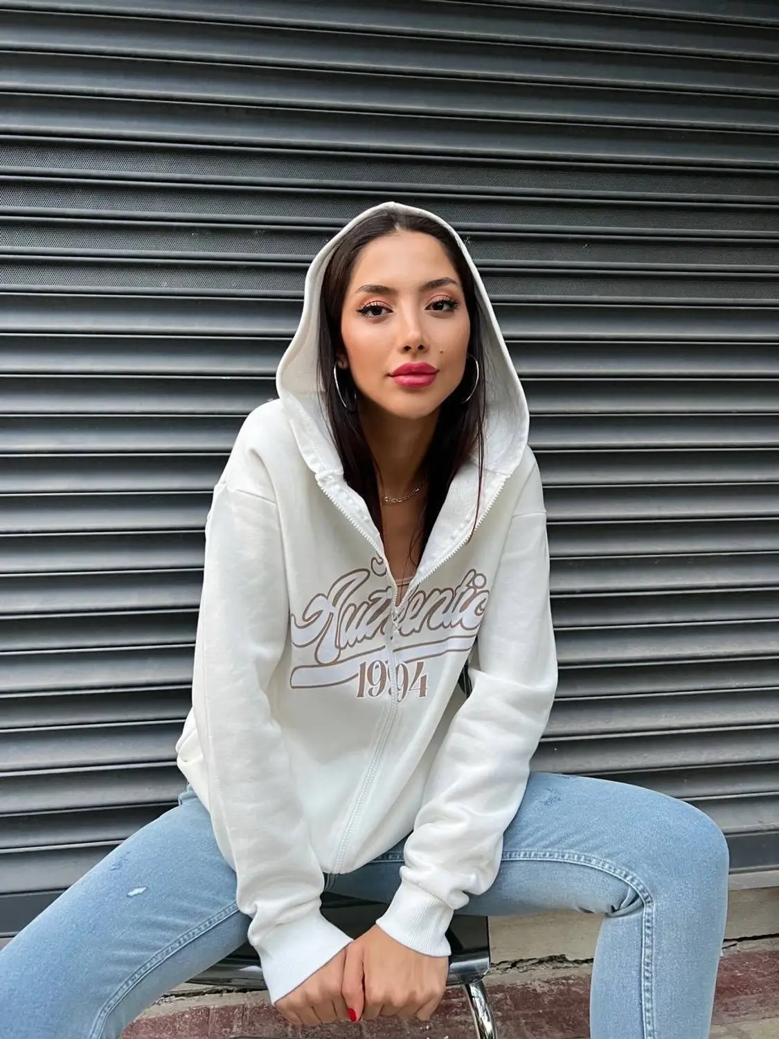 Women's White Printed Oversized Hooded Zip Sweatshirt 100% Cotton with Pockets