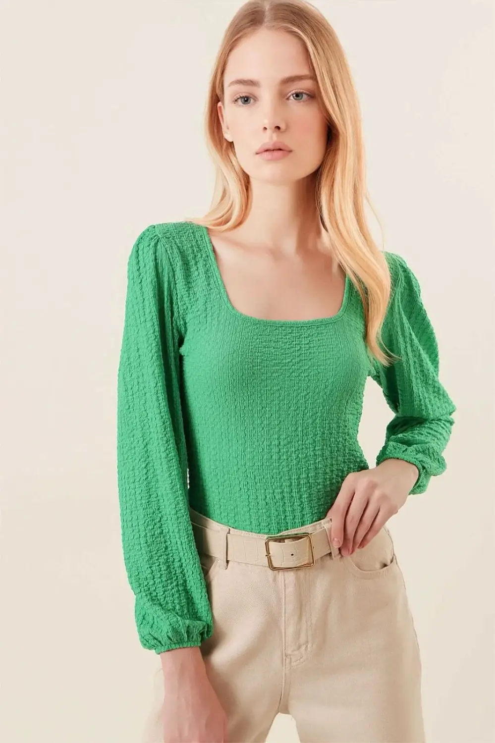 Women's Green Balloon Sleeve Textured Square Collar Trend Knitted Blouse HZL23W-BD104421