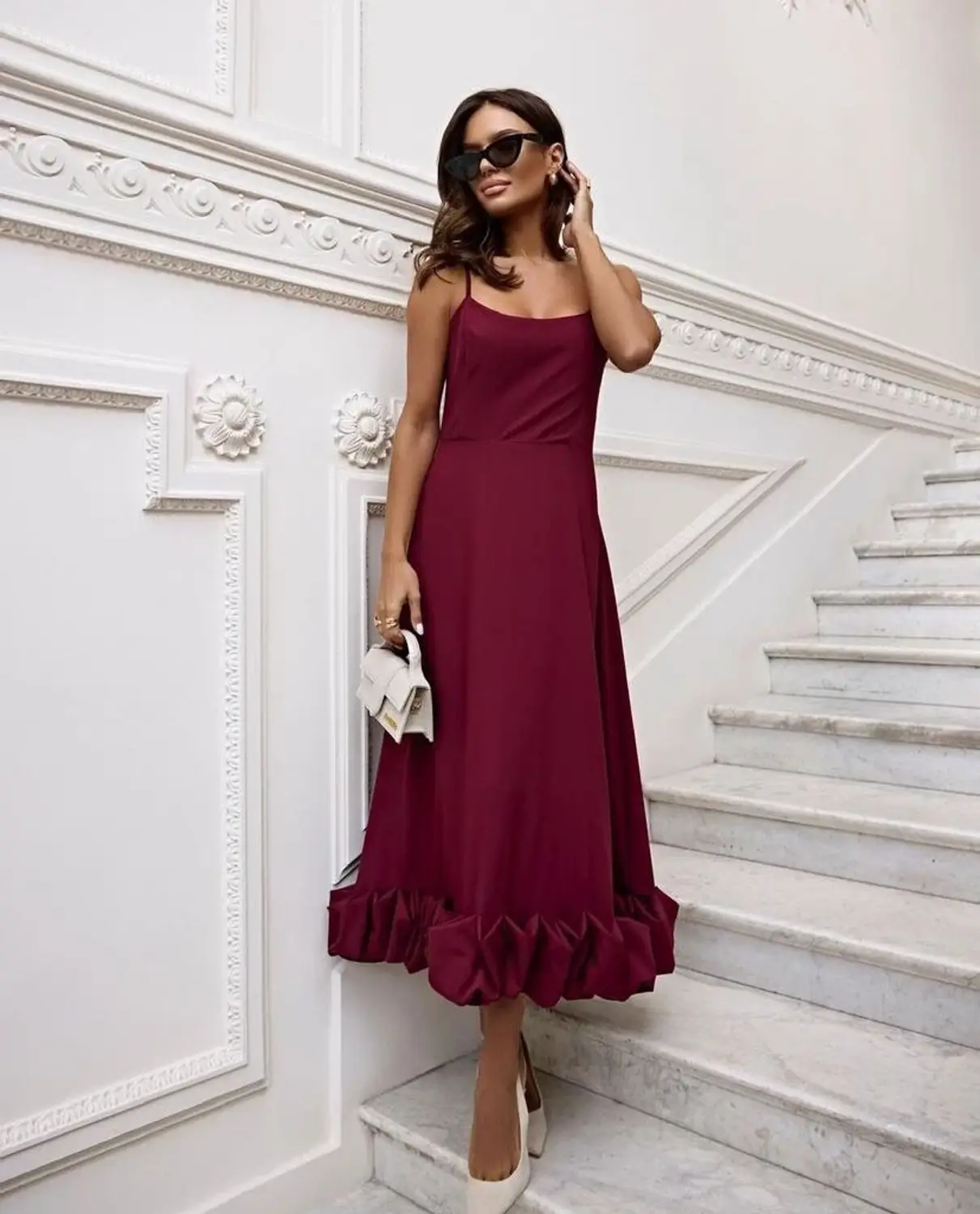 Kadın Bordo İthal Dooble Kumaş Askılı Elbise HZL25W-FRY122661