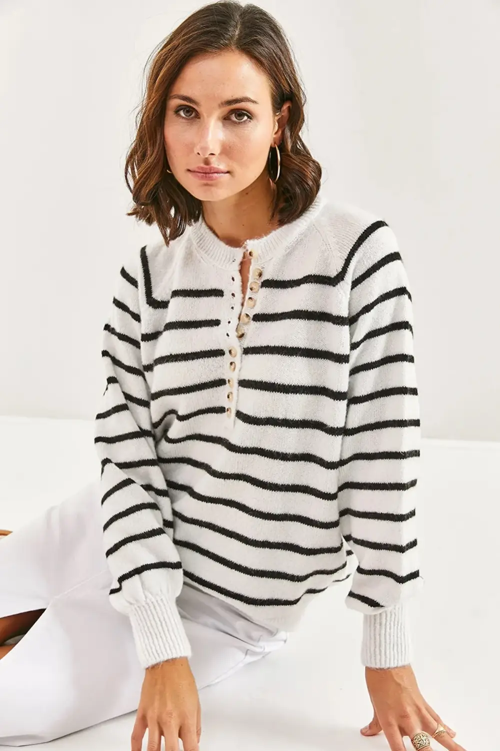 Women's White Lightweight Balloon Sleeve Striped Button-Up Collar Knitwear Sweater HZL23W-BD1101491