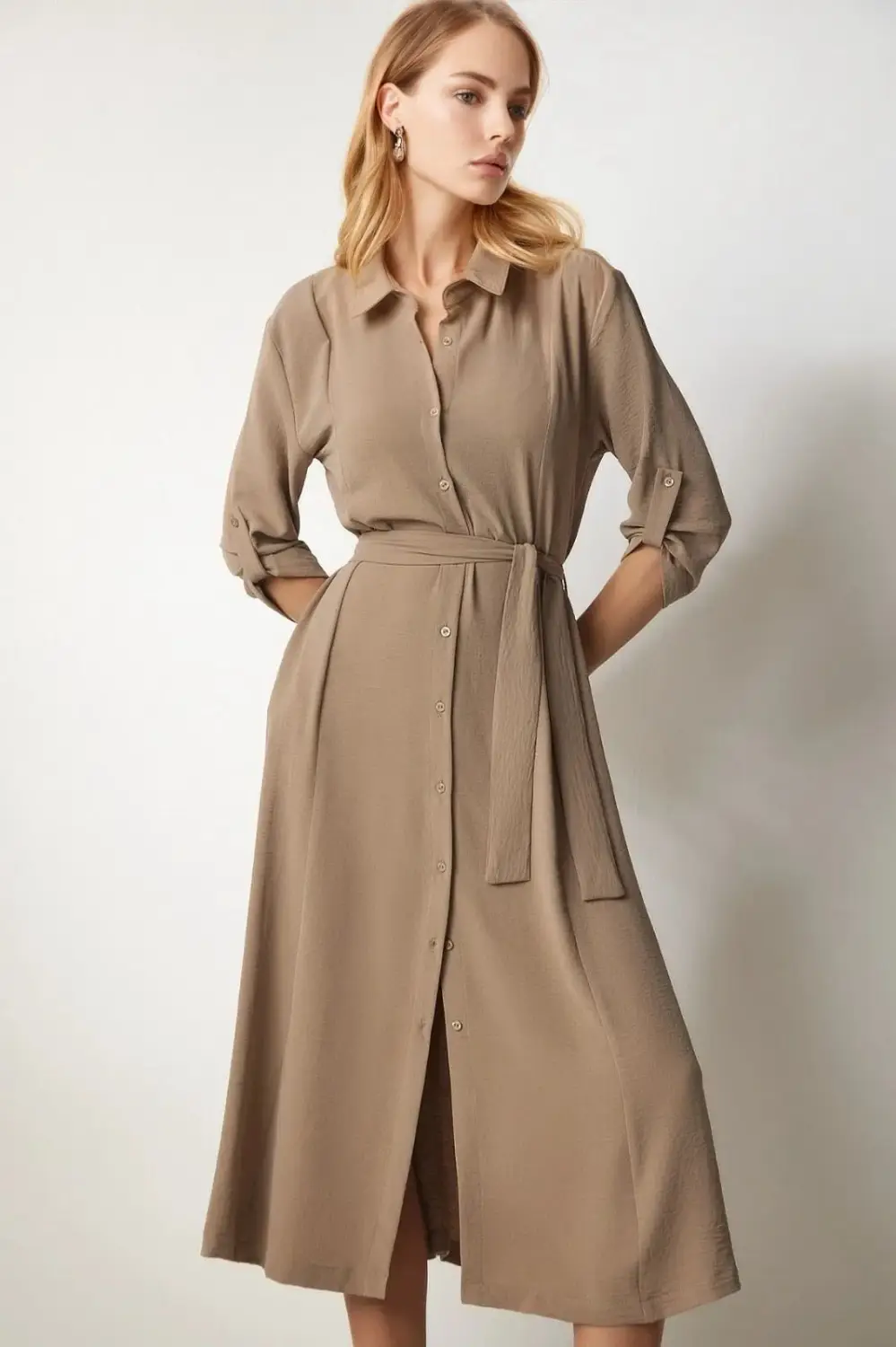 Women's Cream Hidden Pocket Belted Viscose Shirt Dress HZL24S-BD124421