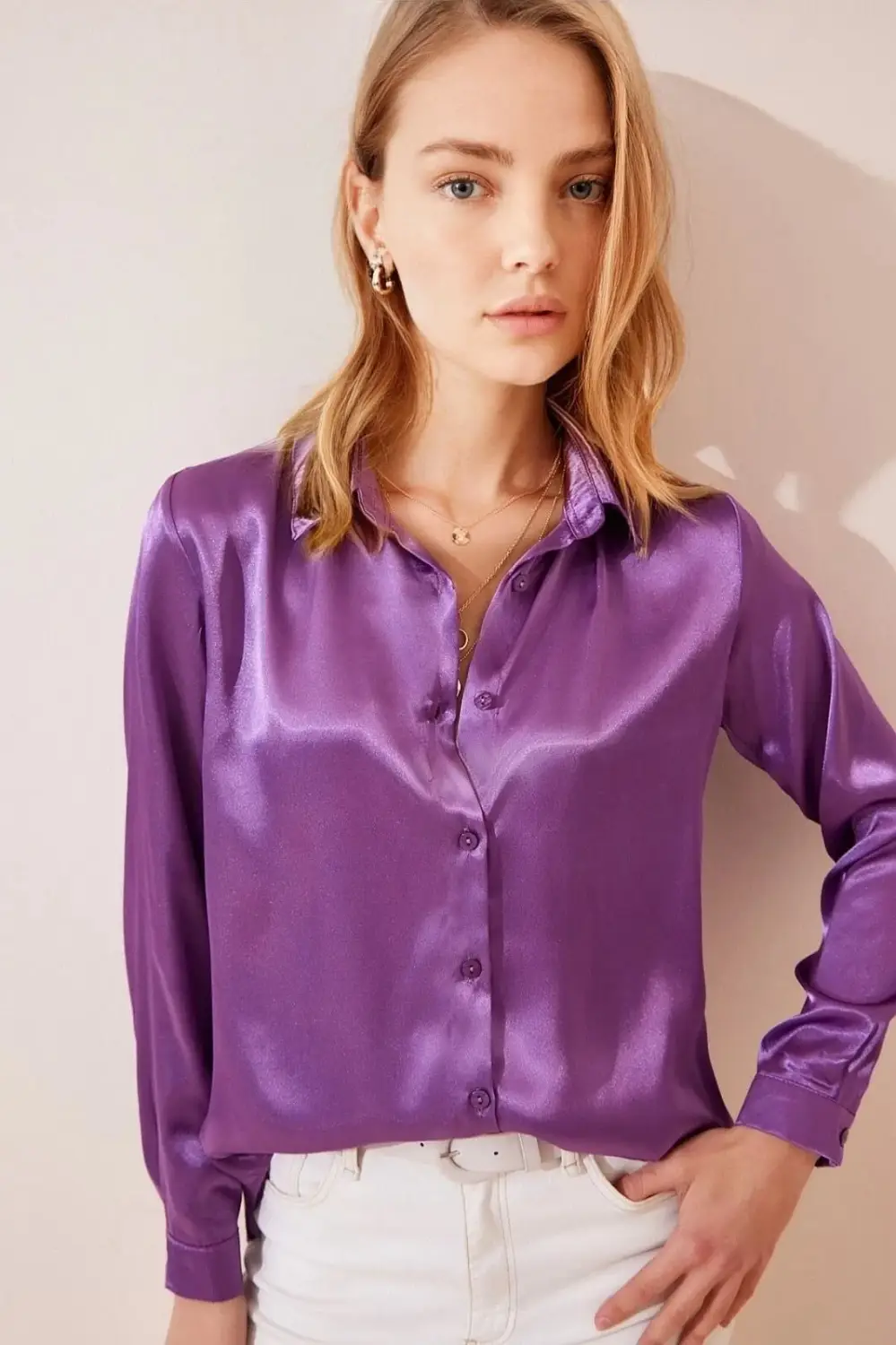 Women's Lilac Lightly Draped Satin Surface Shirt Hzl22w-bd139641