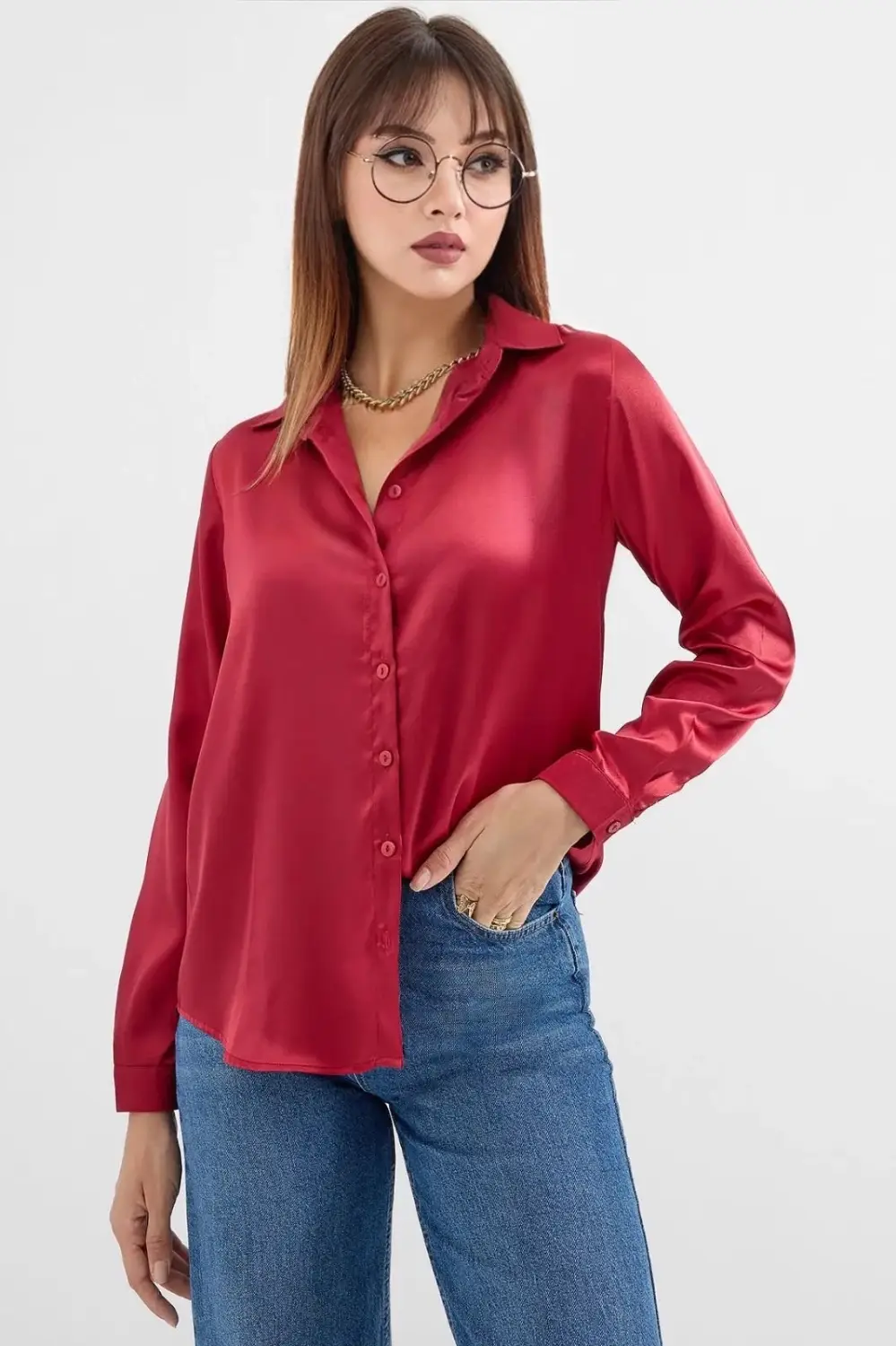 Женская блузка бордового цвета с атласной поверхностью, 100% полиэстер, легкая, стильный крой, размеры 34-50, комфортная и современная модель