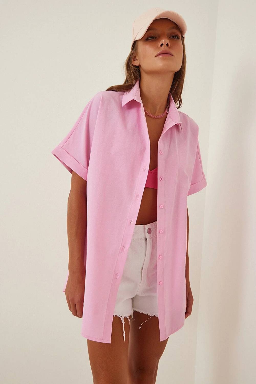 Women's Pink Oversize Long Short Sleeve Basic Poplin Shirt HZL22S-BD1201201