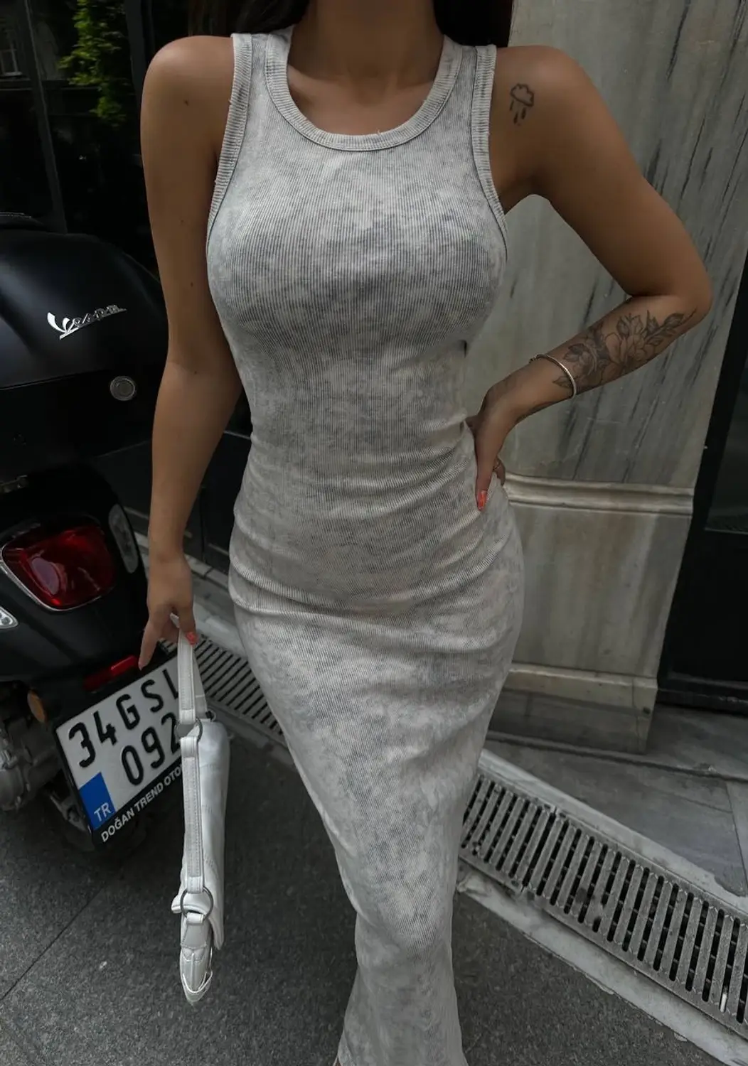 Women's Gray Sleeveless Ribbed Long Dress with Round Neck, 100% Cotton, Flexible Fit, Suitable for Sizes 34-40, Made in Turkey