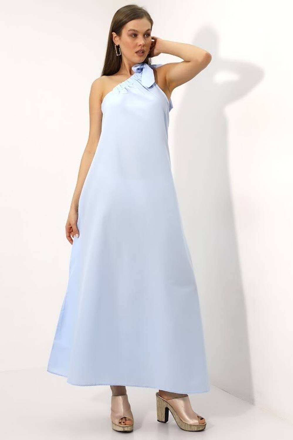Women's Light Blue Shoulder Tie Maxi Length Decorated Poplin Woven Dress HZL22S-DSB110031