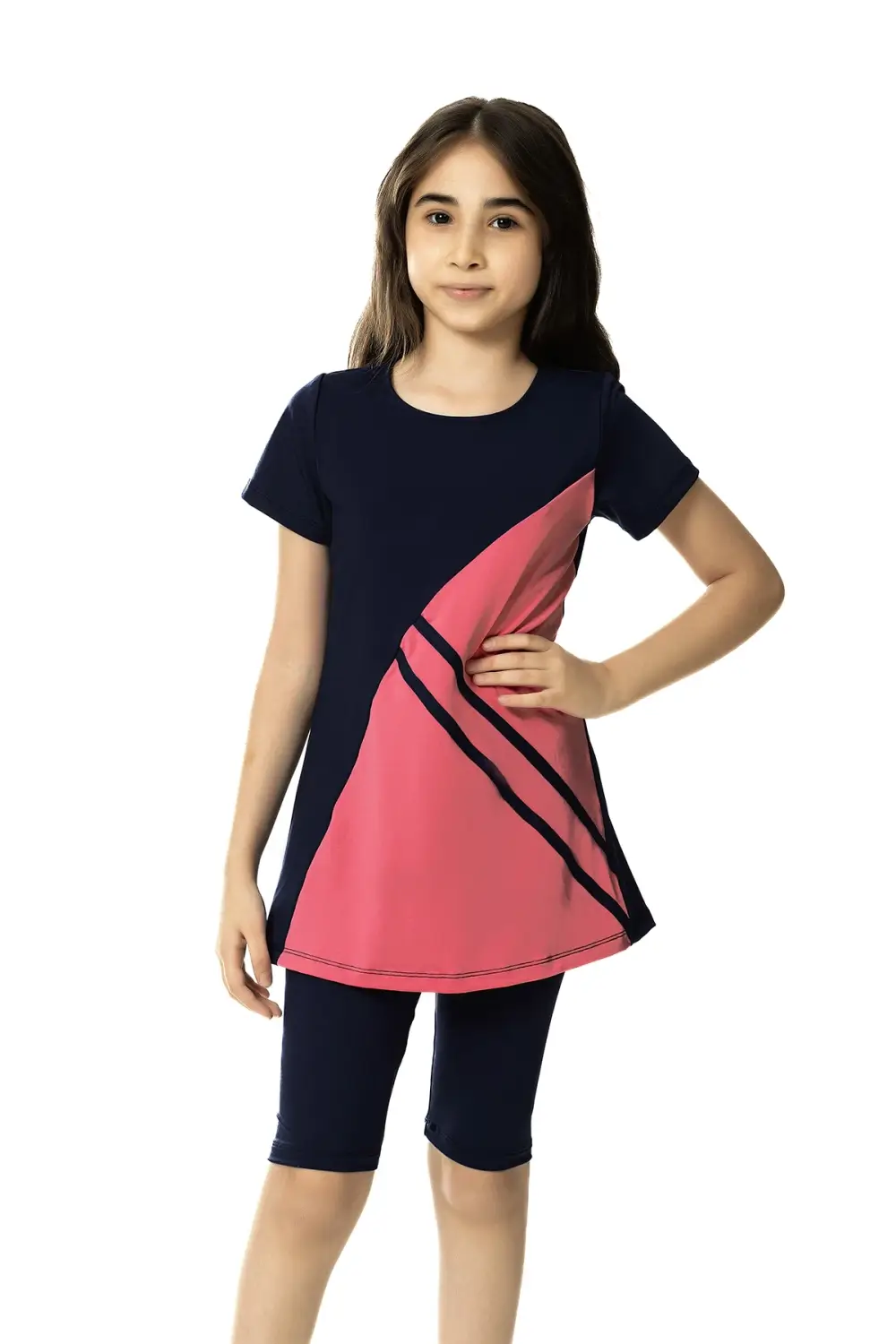 Купальник для девочек 6-13 лет черно-розового цвета с коротким рукавом и леггинсами, 88% полиамид, 12% эластан