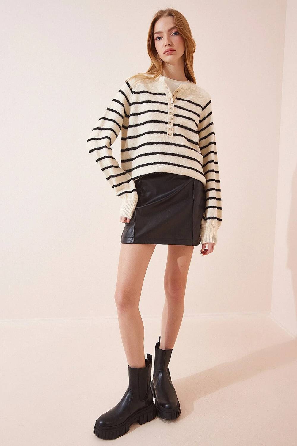 Women's Ecru Striped Light Balloon Sleeve Striped Button Collar Knitwear Sweater HZL23W-BD1101491