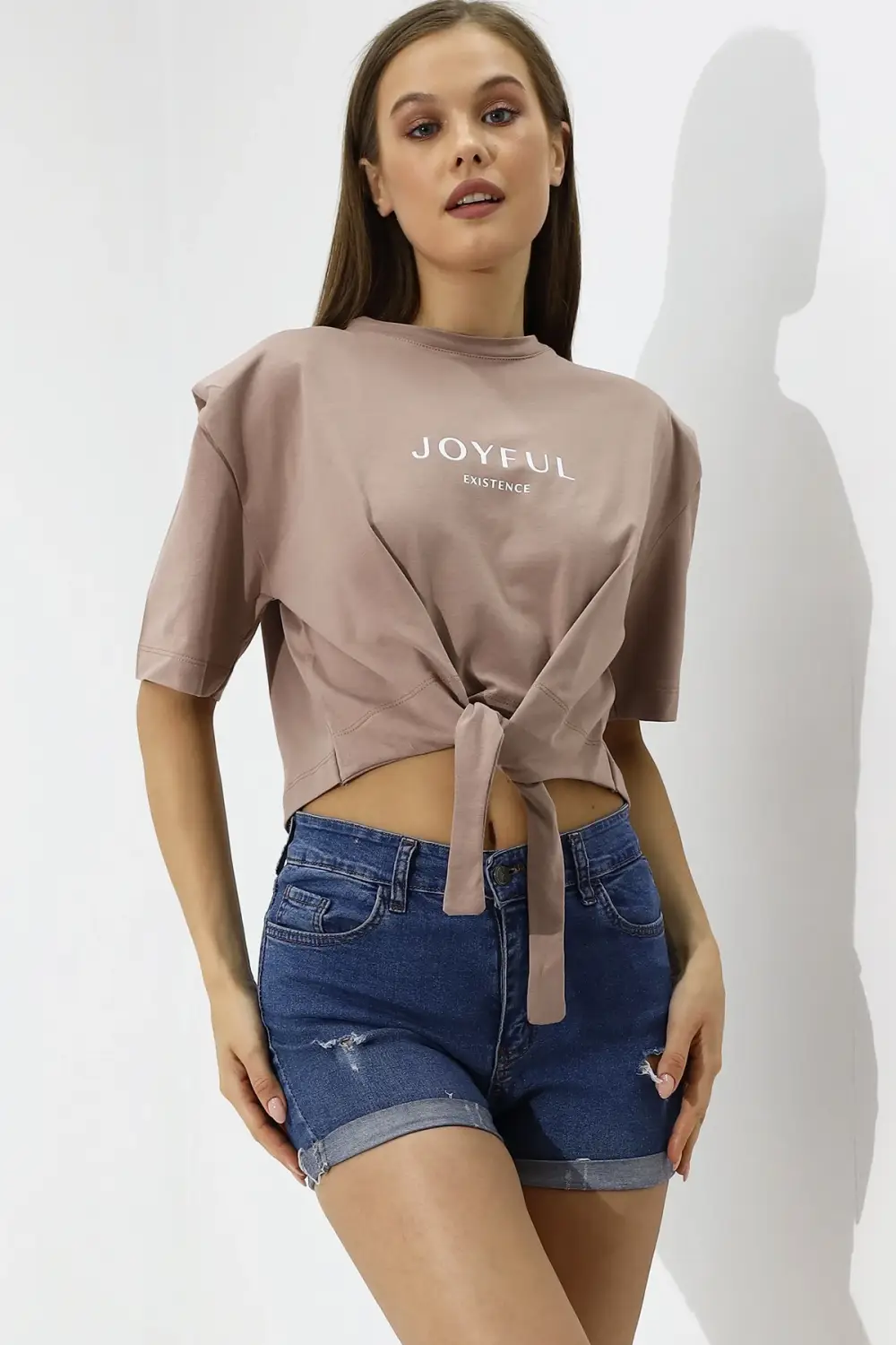 Women's Beige Text Printed Oversize Padded Waist Detail Knitted T-Shirt HZL23S-DSB120231