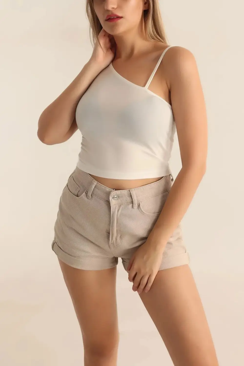 Women's White Strap One-Shoulder Lycra Crop Blouse HZL23S-SND120171