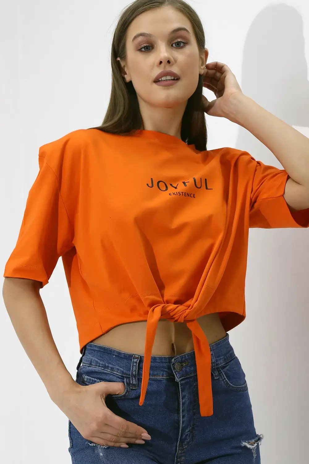 Women's Orange Text Printed Oversize Padded Waist Detail Knitted T-Shirt HZL23S-DSB120231