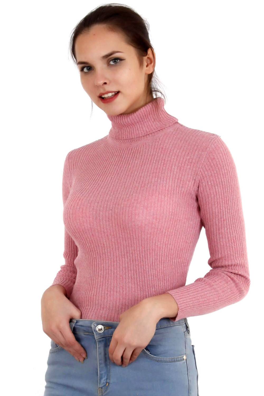 Women's Vibrant Pink Turtleneck Corduroy Knitwear Sweater HZL22W-H100011