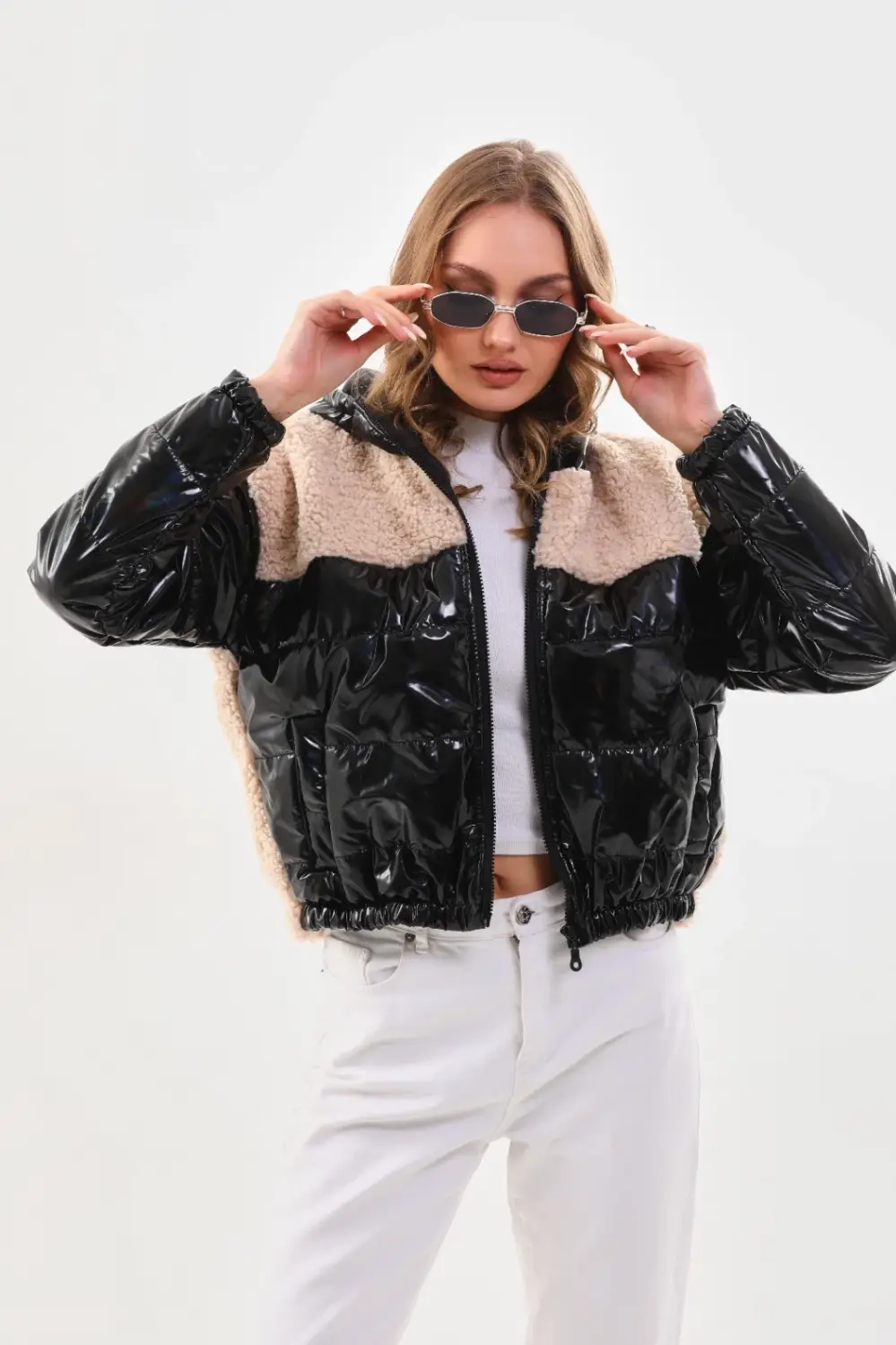 Women's Cream Black Patent Leather Zippered Inside Lined Elastic Waist Crop Plush Jacket HZL24W-BRC129361