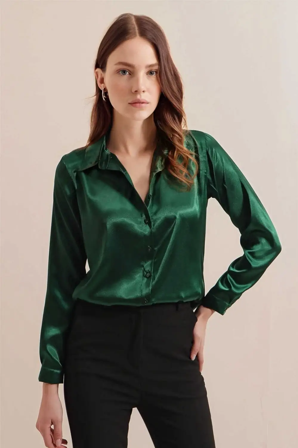 Women's Emerald Green Lightly Flowing Satin Surface Shirt HZL22W-BD139641