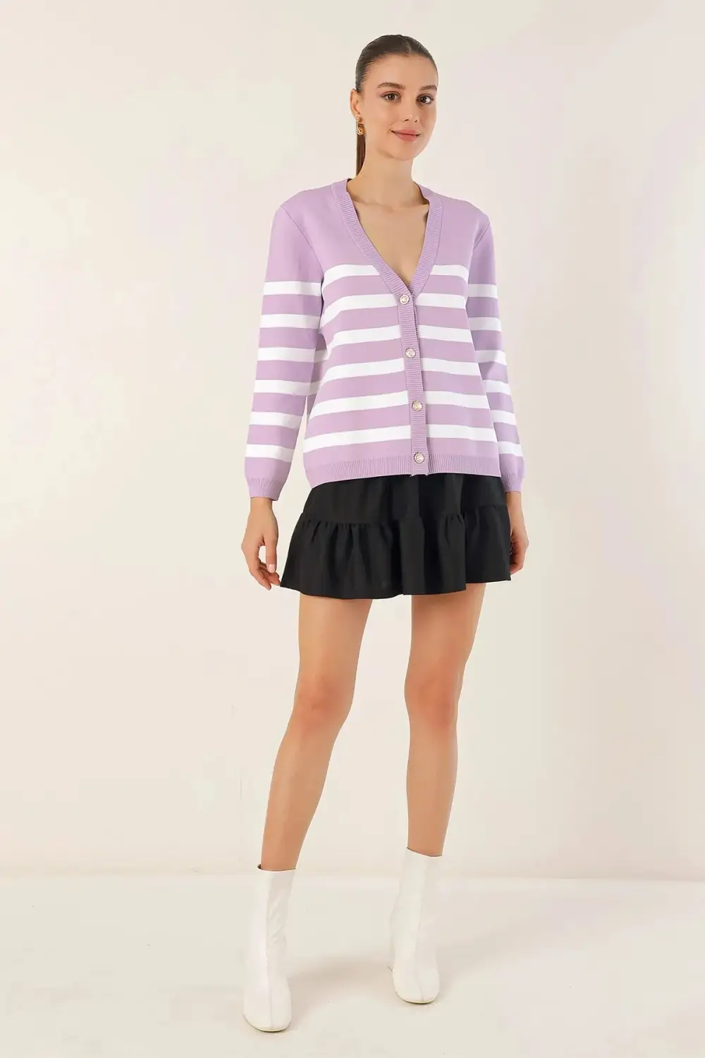 Kadın Lila Çizgili V yaka Rahat Kesim Triko Hırka HZL24W-BD1102151