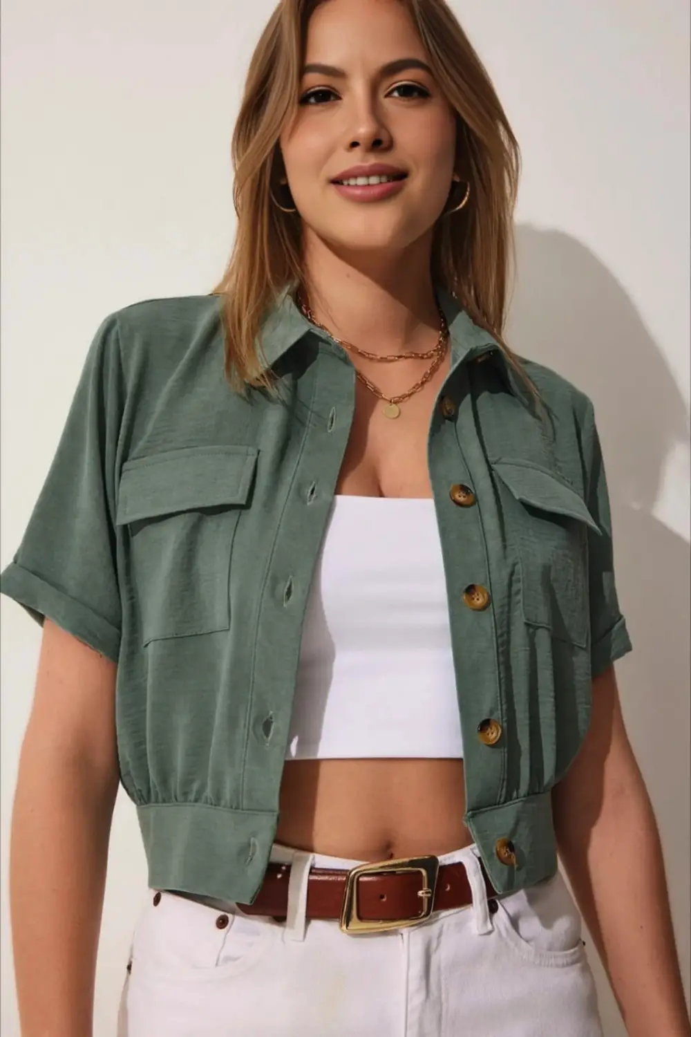Женская хаки рубашка-куртка с коротким рукавом, карманами и пуговицами, 100% полиэстер, летний стиль, размеры 34-46