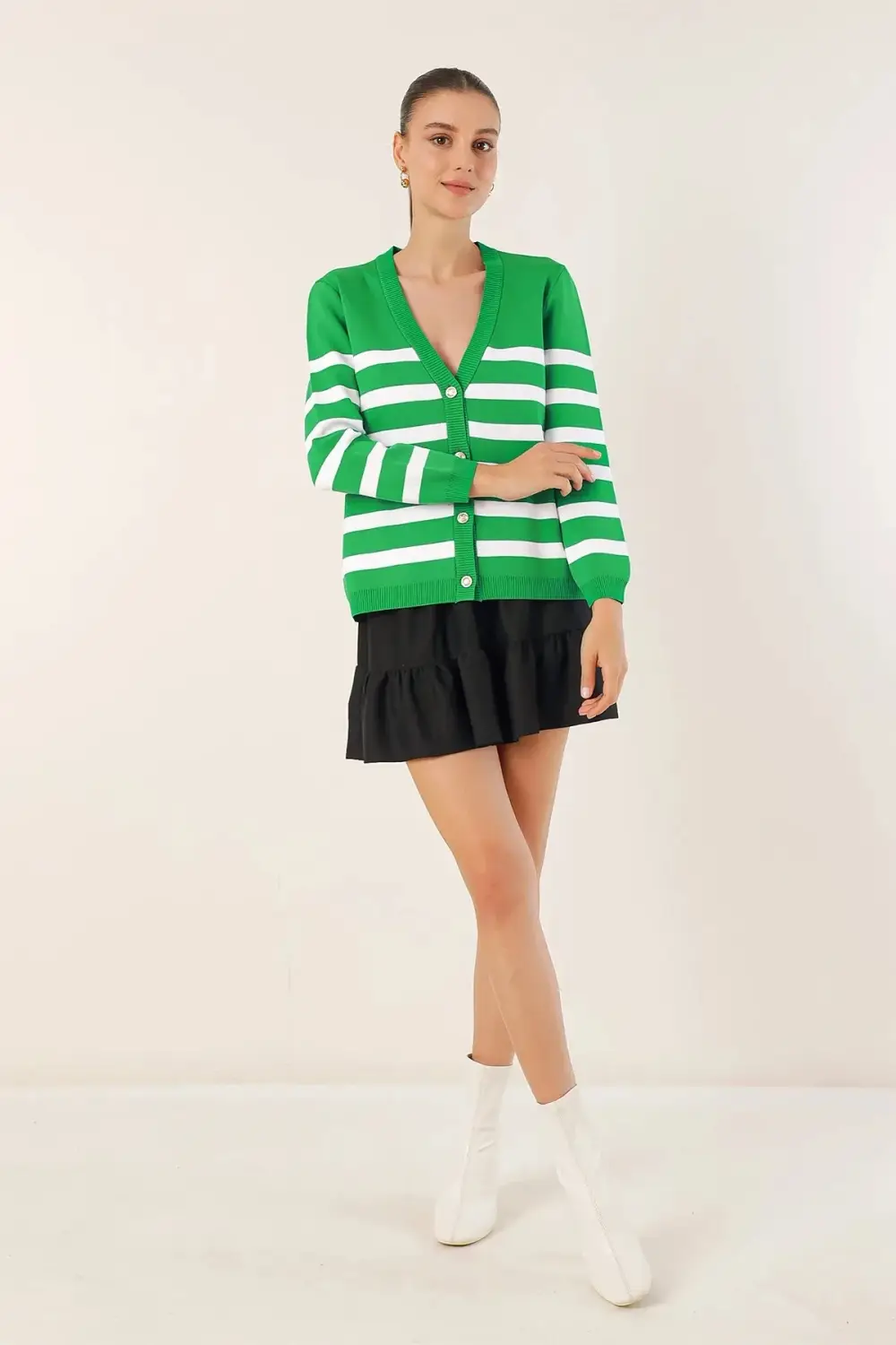 Women's Green Striped V-neck Relaxed Cut Knitwear Cardigan HZL24W-BD1102151