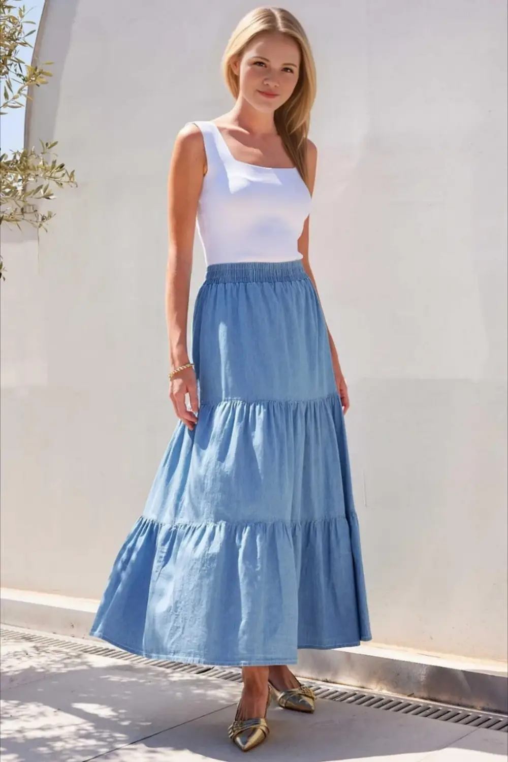 Kadın Mavi Beli Lastikli Katlı Uzun Etek HZL24S-BD180221