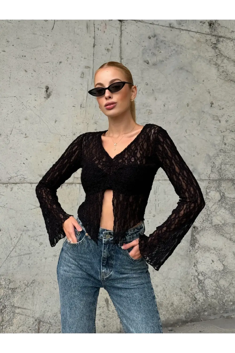 Kadın Siyah Önü Büzgülü İspanyol Kol Tül Bluz HZL24S-ZK13381