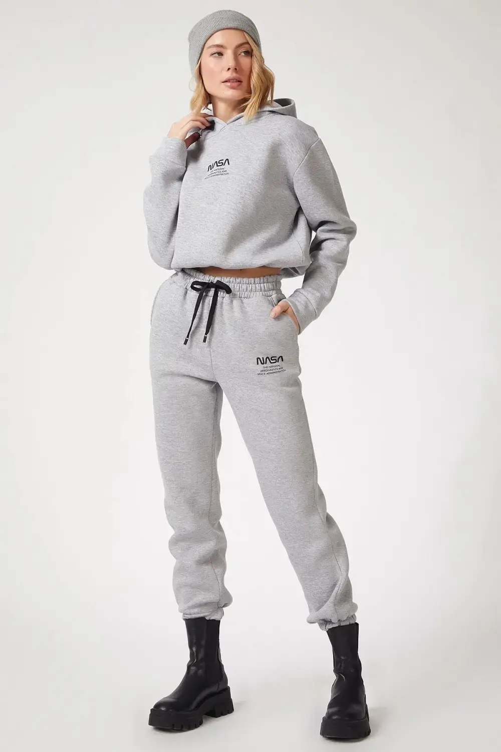 Женский серый спортивный костюм с капюшоном, печатью Nasa, толстый флис, эластичный пояс, карманы, размеры 34-44