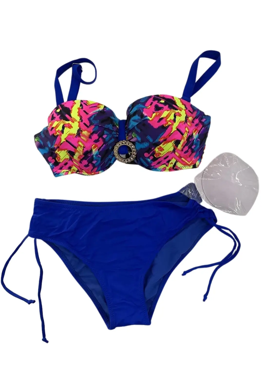 Жіночий бікіні комплект з підкладкою, синій з візерунком, з деталей на замку, регульованими бретелями та знімними чашками