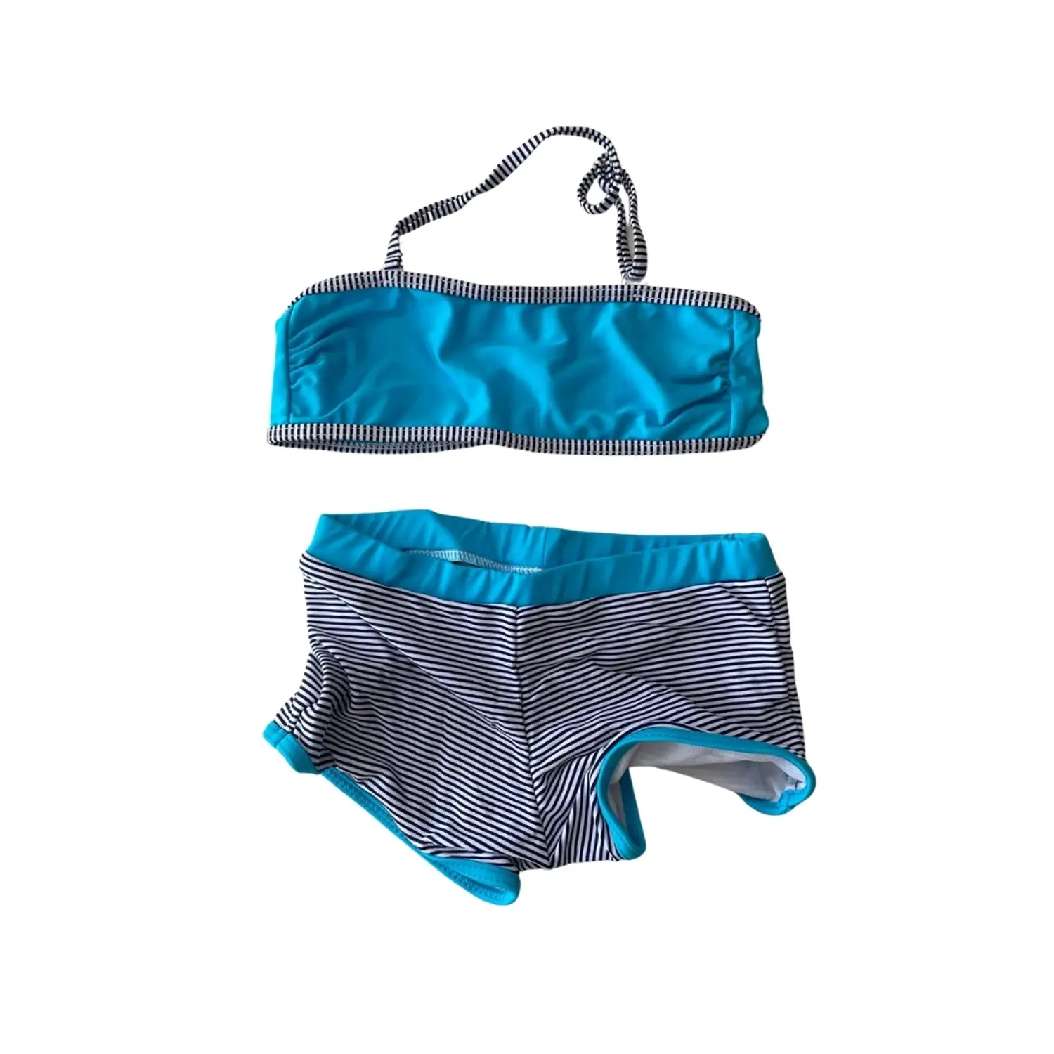 Kız Çocuk Mavi Siyah Çizgili Şortlu 4-12 Yaş Straplez Bikini Takım HZL24S-LC9034