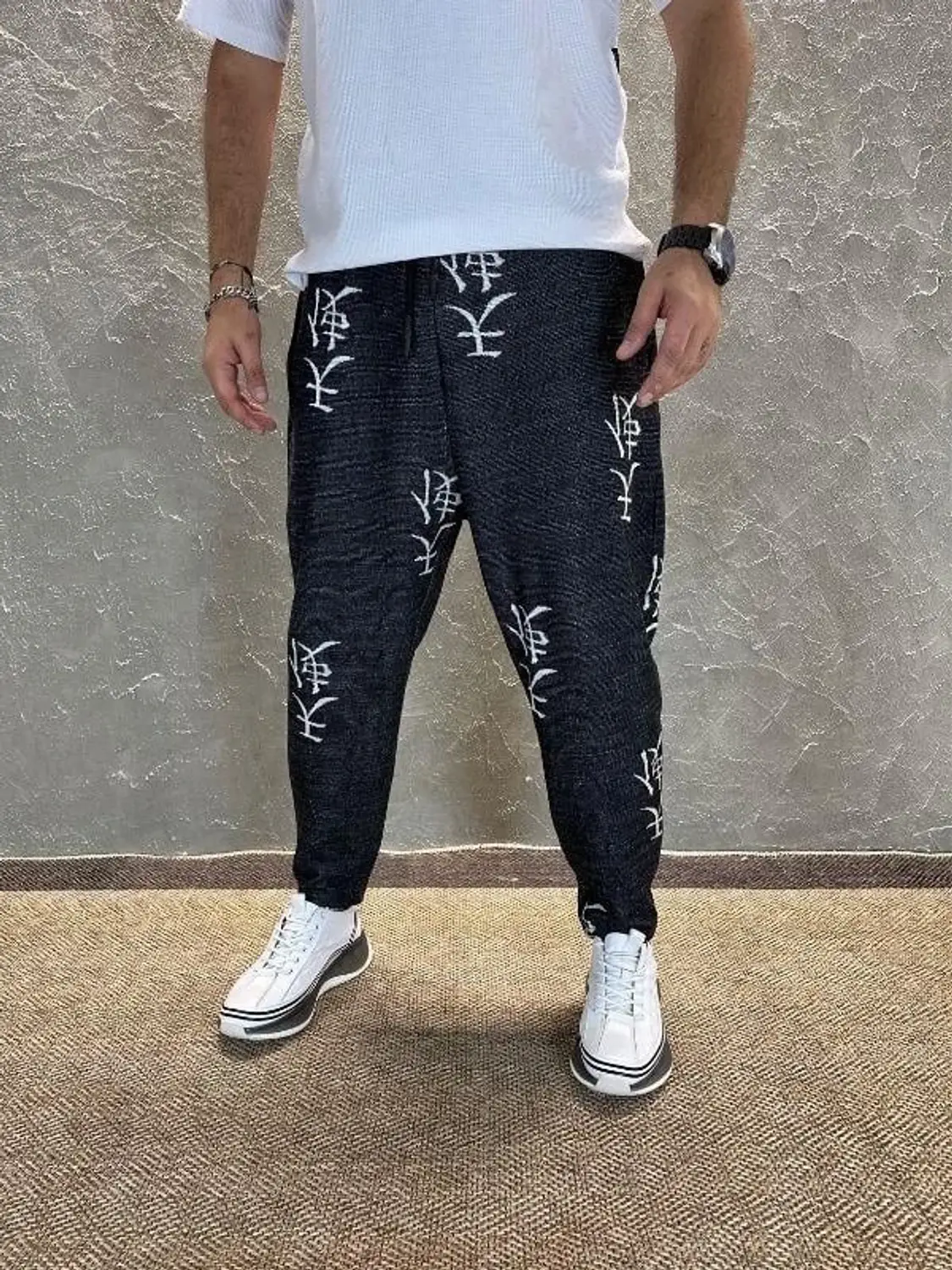 Erkek Antrasit Japon Desenli Beli İp Bağlamalı Düz Kesim Pantolon Eşofman Altı HZL24S-MXC8948-192