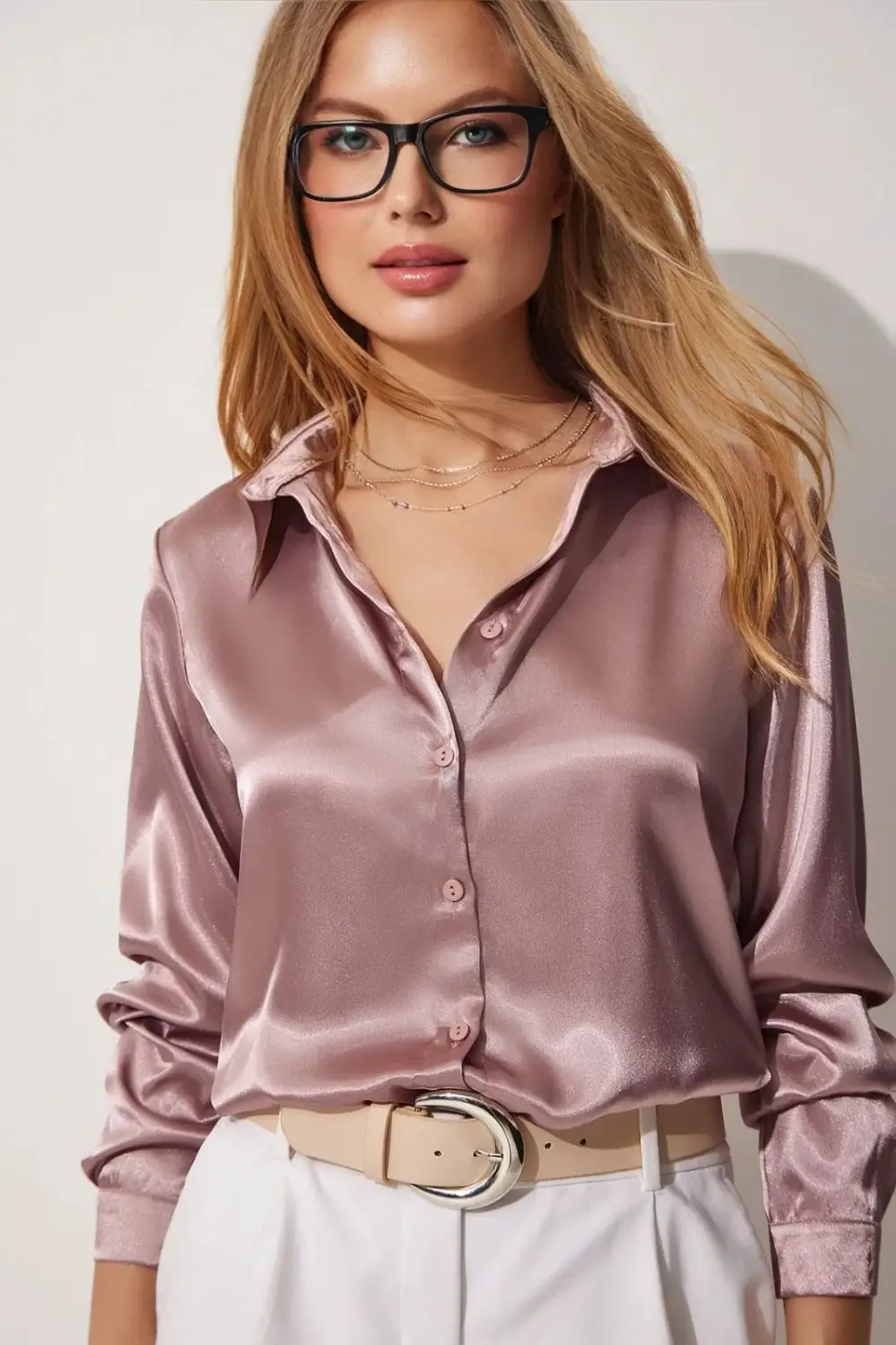 Women's Dusty Rose Lightly Draped Satin Surface Shirt HZL22W-BD139641