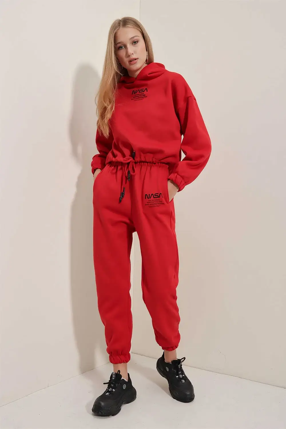 Women's Red Nasa Printed Hooded Fleece Crop Top with Drawstring Tracksuit HZL23W-BD1553131