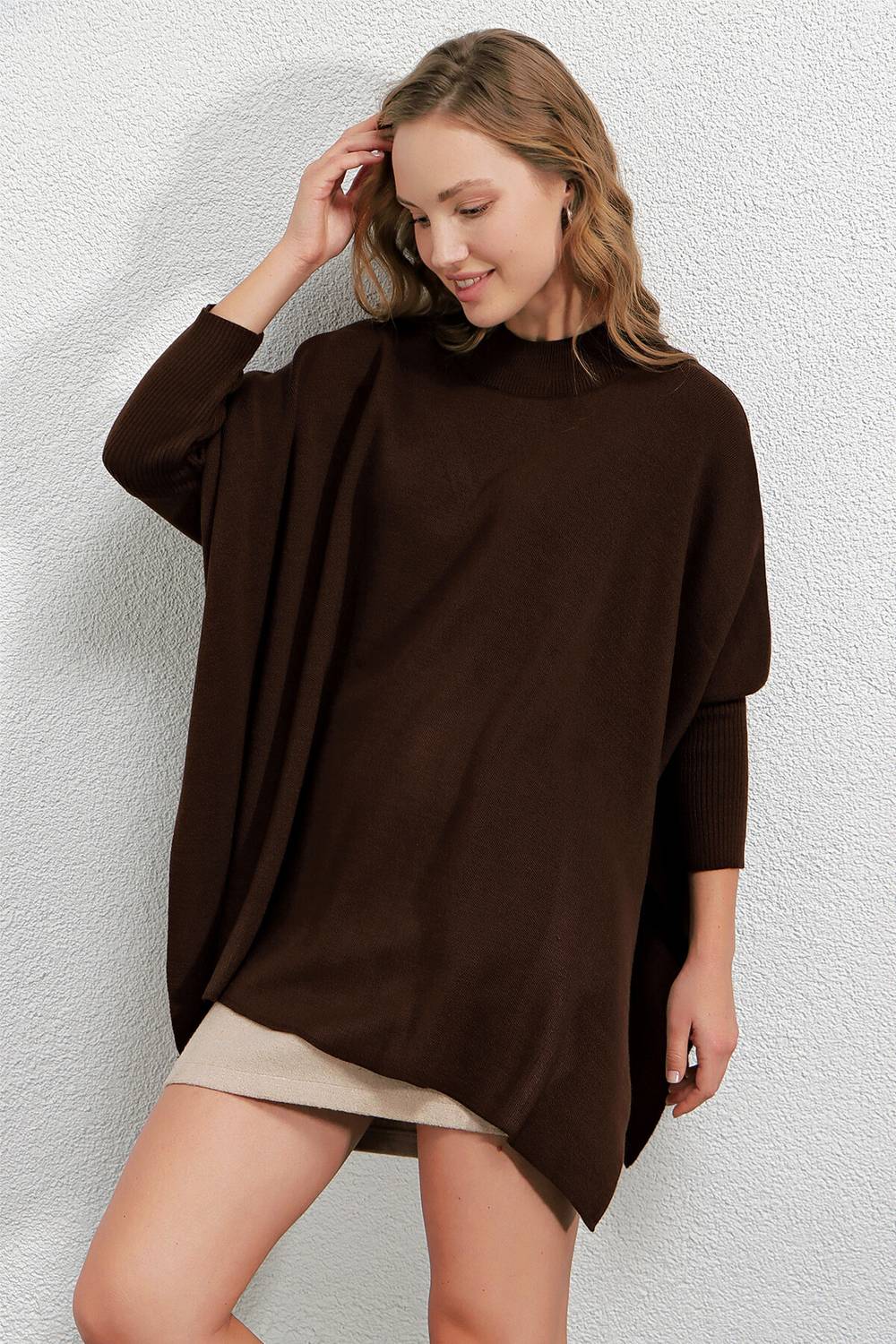 Women's Brown Oversize Slit Poncho Knitwear Sweater HZL23W-BD1100761