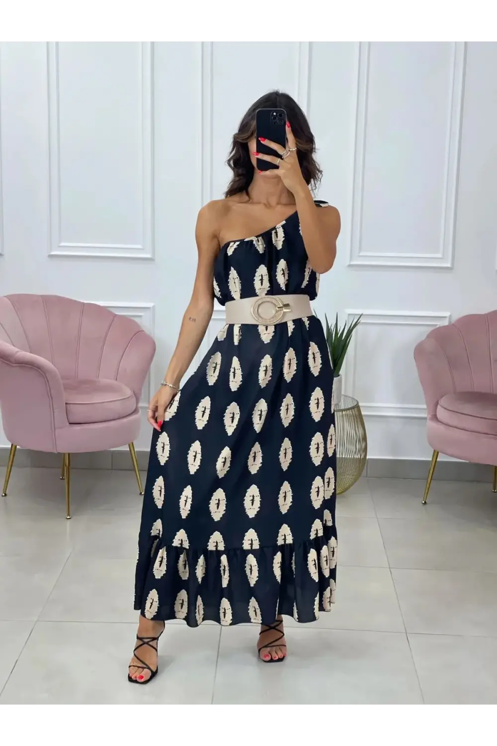 Women's Black Printed Sleeveless Maxi Dress with Side Ties and No Lining