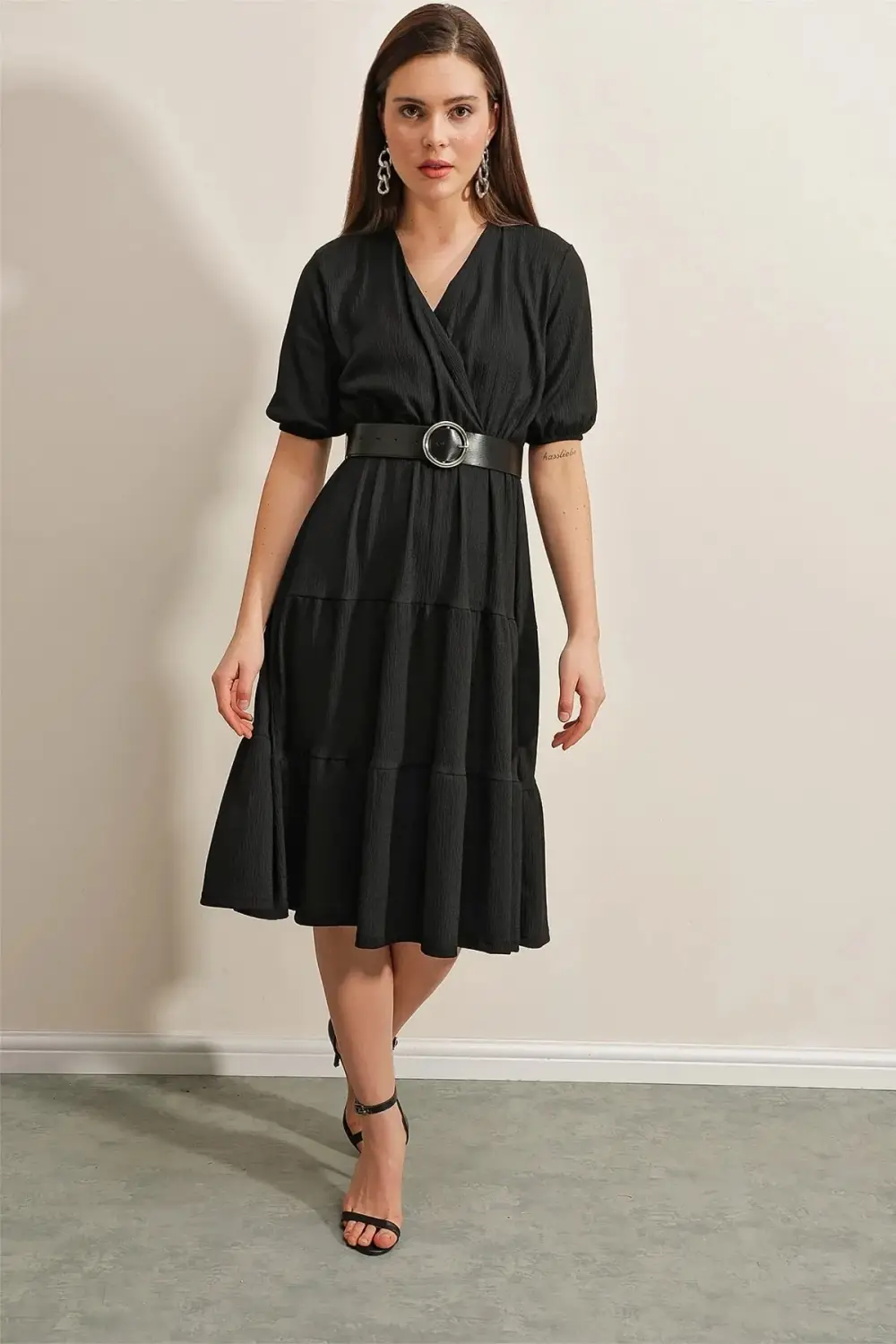 Women's Black V-Neck Elastic Waist Black Belted Knitted Dress HZL23S-BD123771